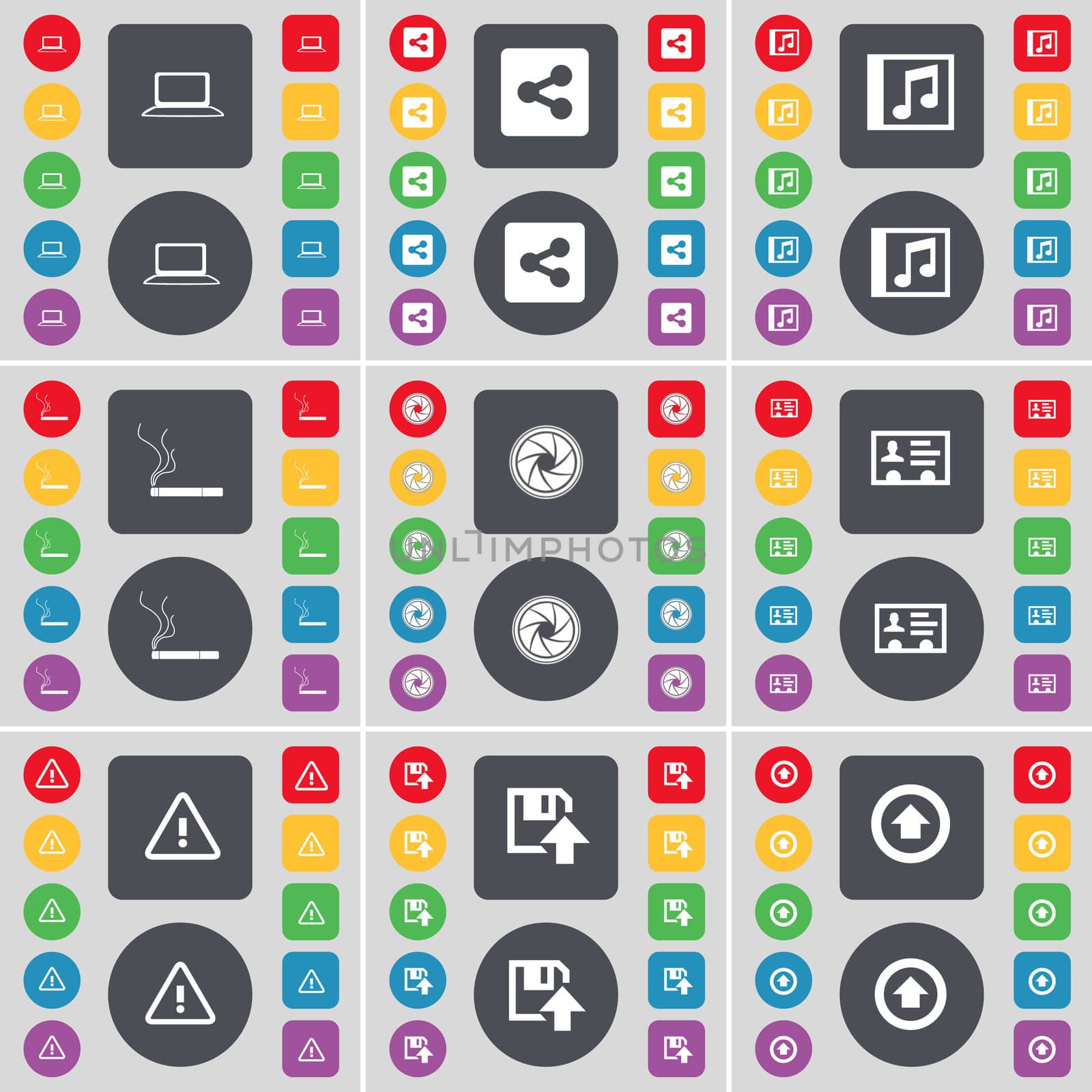Laptop, Share, Music window, Cigarette, Lens, Contact, Warning, Floppy, Arrow up icon symbol. A large set of flat, colored buttons for your design.  by serhii_lohvyniuk
