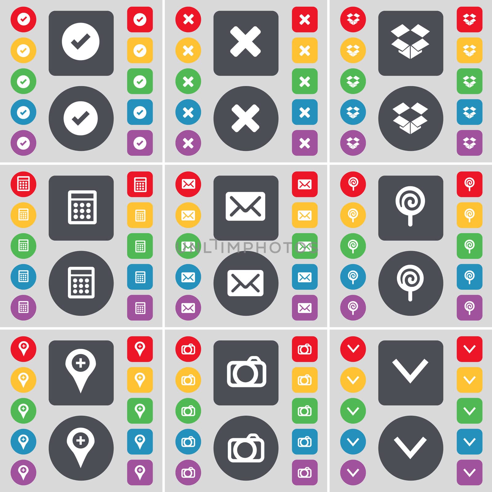 Tick, Stop, Dropbox, Calculator, Message, Lollipop, Checkpoint, Camera, Arrow down icon symbol. A large set of flat, colored buttons for your design. illustration