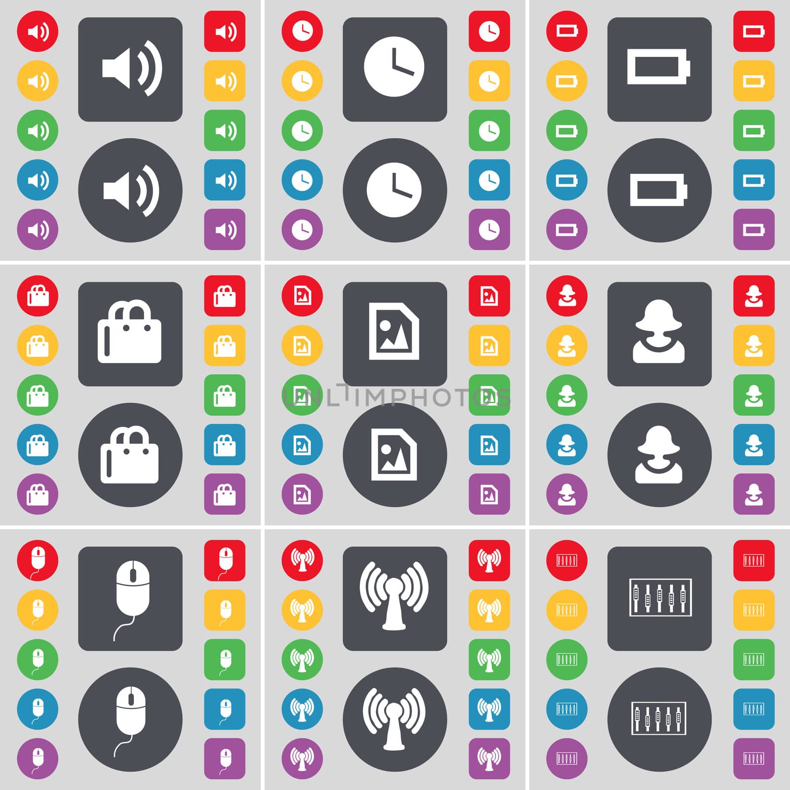 Sound, Clock, Battery, Shopping bag, Media file, Avatar, Mouse, Wi-Fi, Equalizer icon symbol. A large set of flat, colored buttons for your design.  by serhii_lohvyniuk