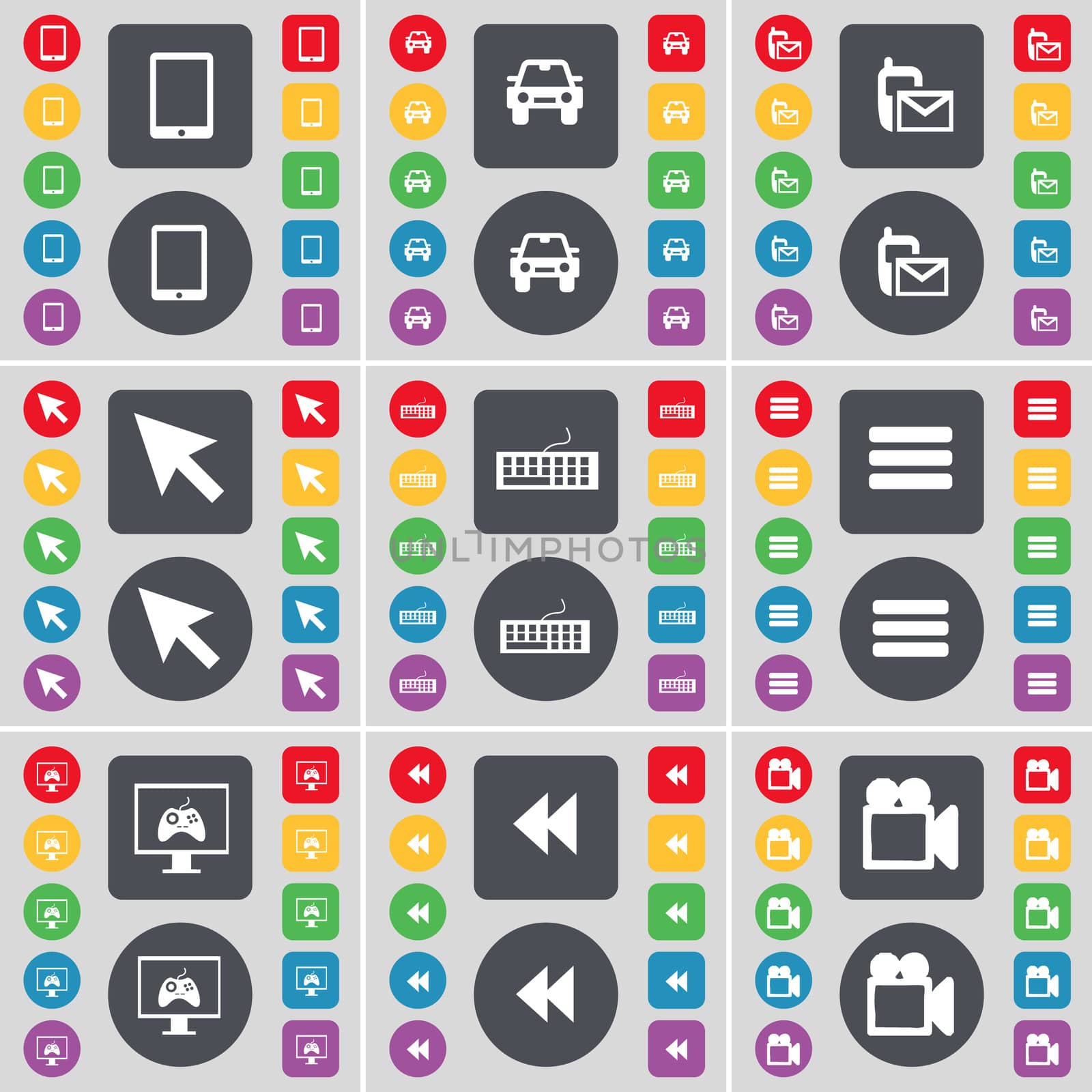Tablet PC, Camera, SMS, Cursor, Keyboard, Apps, Monitor, Rewind, Film camera icon symbol. A large set of flat, colored buttons for your design. illustration