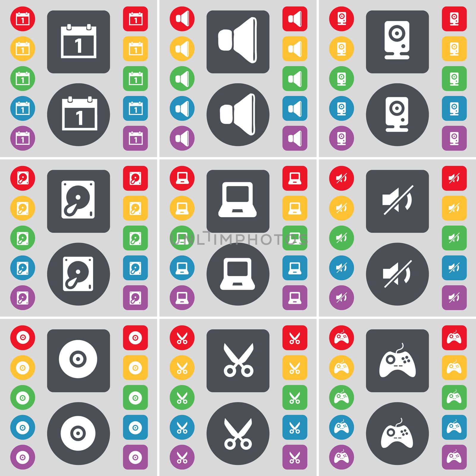 Camera, Sound, Speaker, Hard drive, Laptop, Mute, Disk, Scissors, Gamepad icon symbol. A large set of flat, colored buttons for your design. illustration