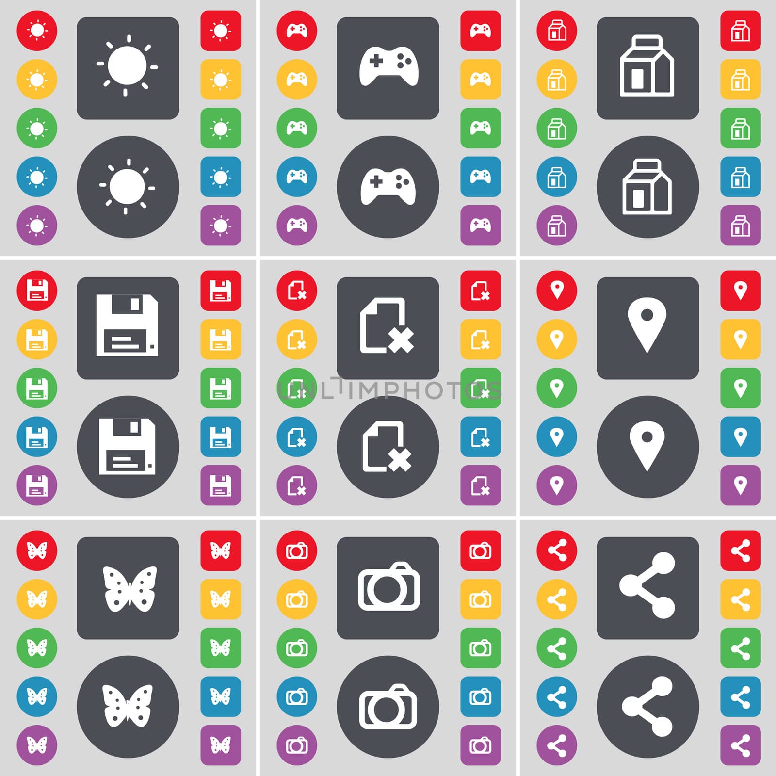 Light, Gamepad, Packing, Floppy, File, Checkpoint, Butterfly, Camera, Share icon symbol. A large set of flat, colored buttons for your design.  by serhii_lohvyniuk