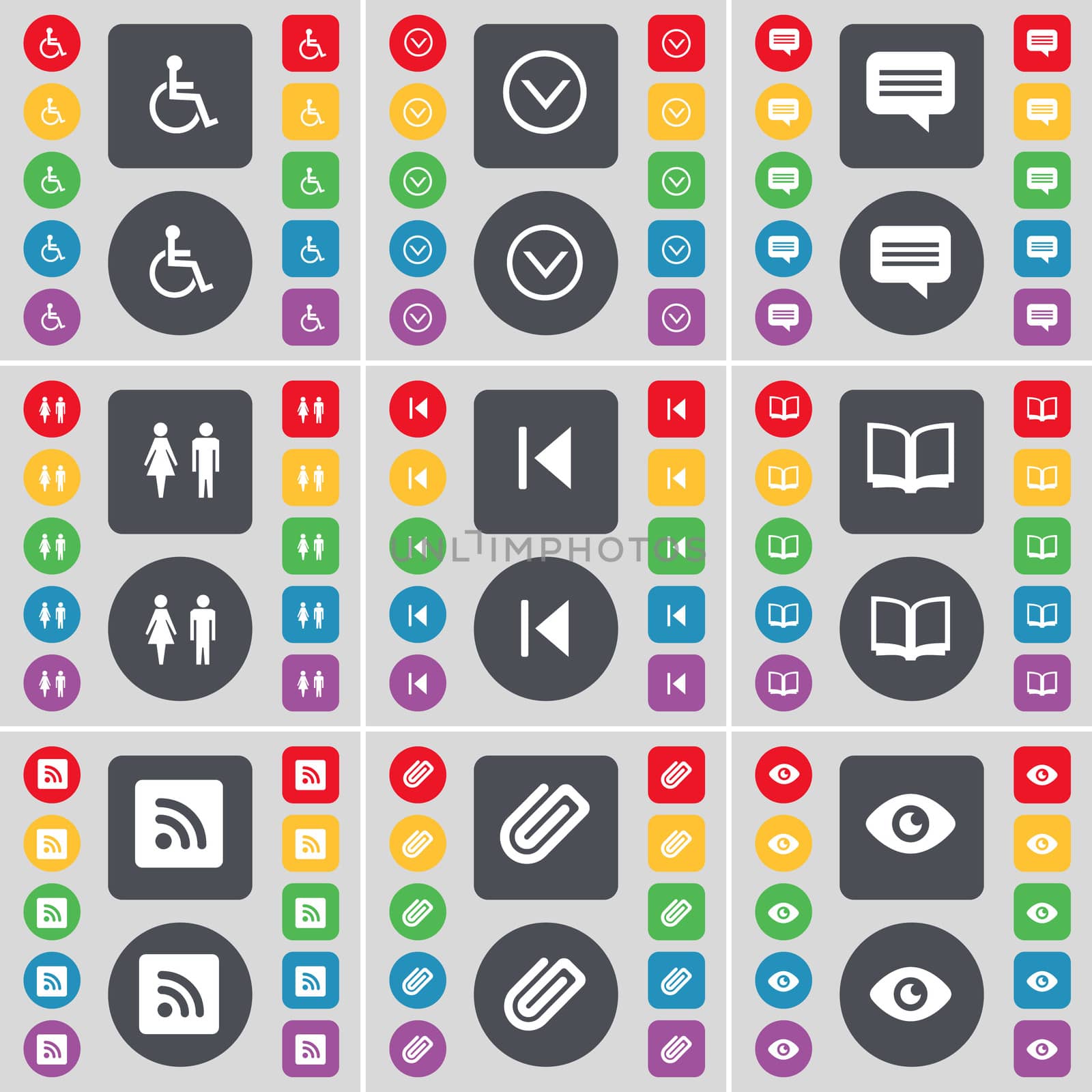 Disabled person, Arrow down, Chat bubble, Silhouette, Media skip, Book, RSS, Clip, Vision icon symbol. A large set of flat, colored buttons for your design.  by serhii_lohvyniuk