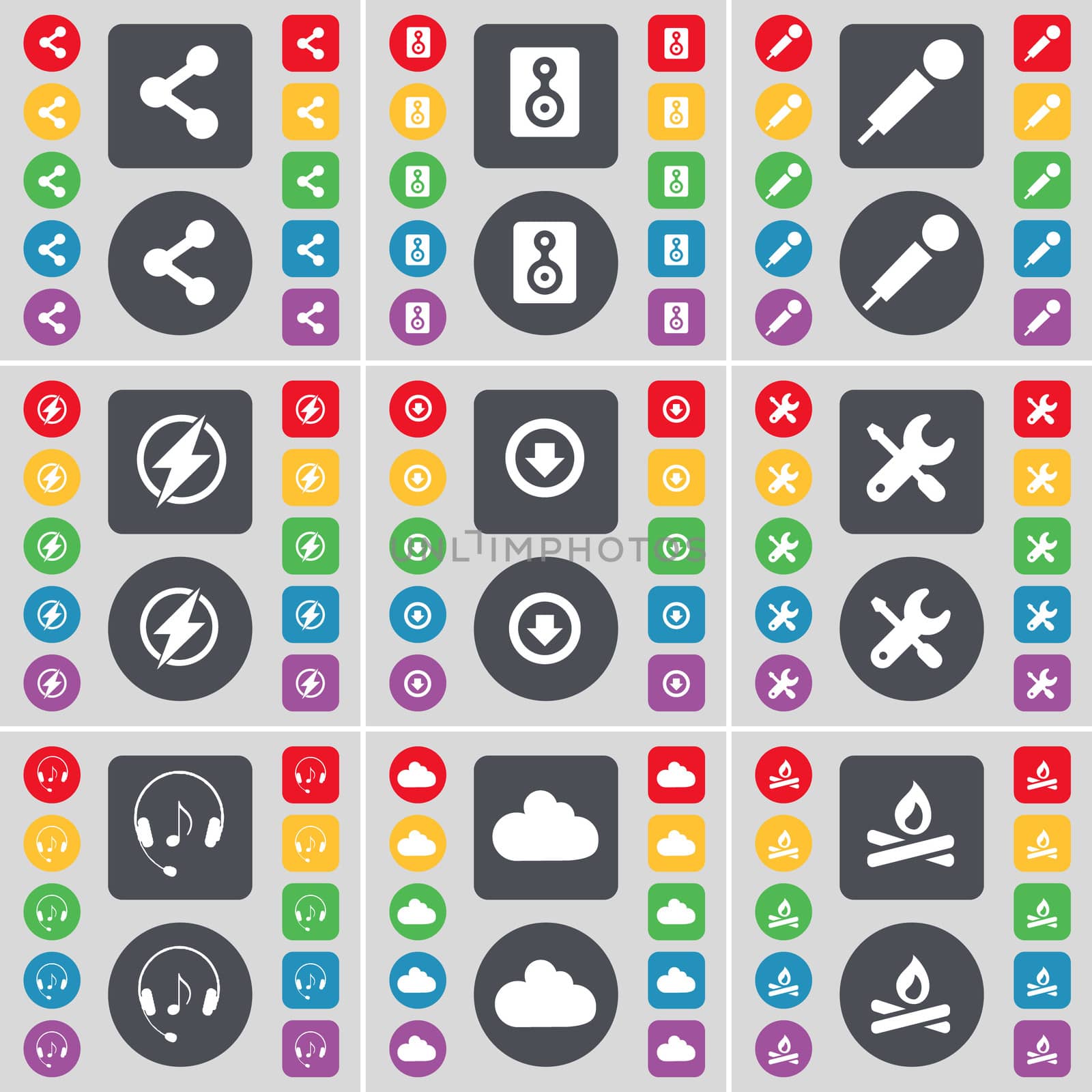 Share, Speaker, Microphone, Flash, Arrow down, Wrench, Headphones, Cloud, Campfire icon symbol. A large set of flat, colored buttons for your design.  by serhii_lohvyniuk