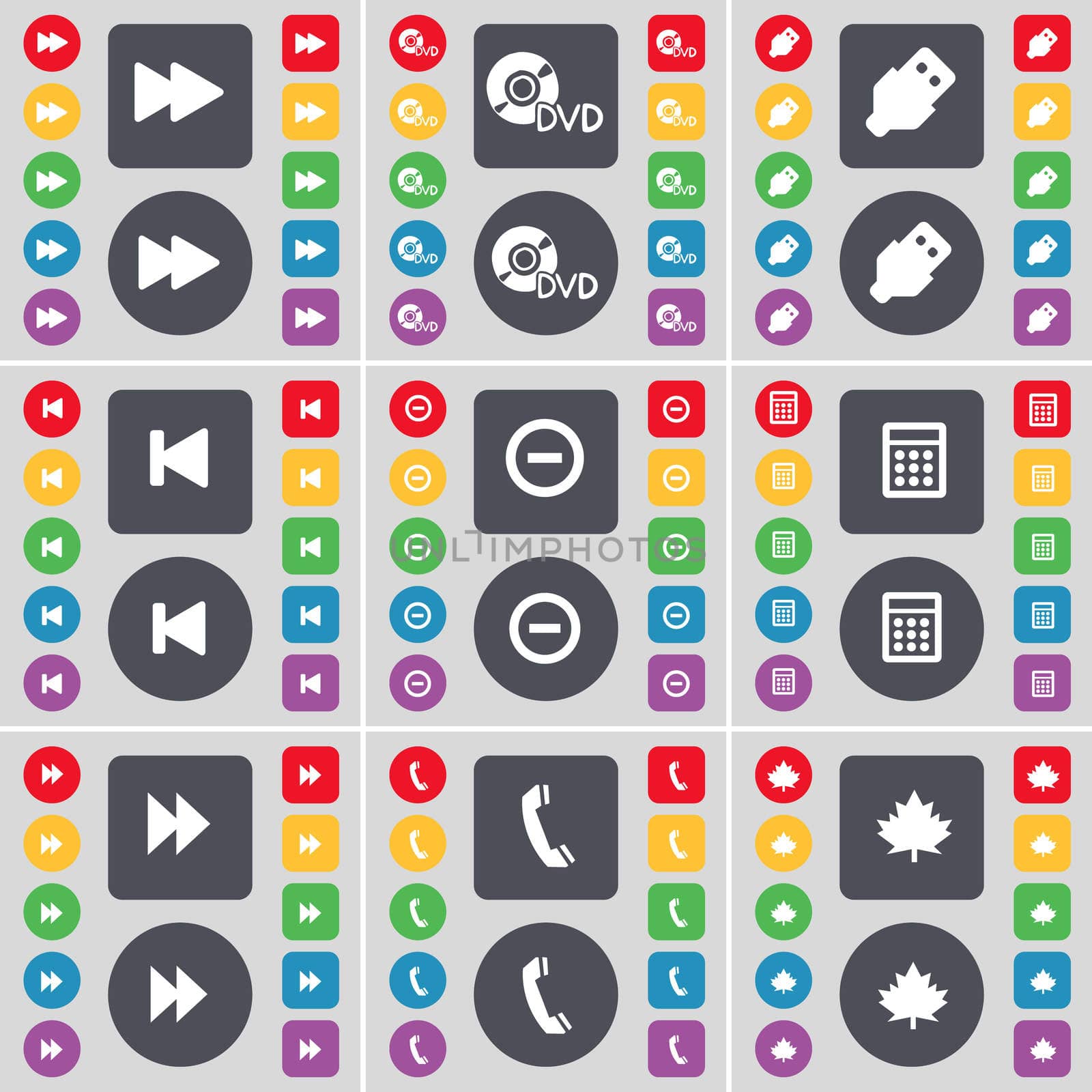 Rewind, DVD, USB, Media skip, Minus, Calculator, Rewind, Receive icon symbol. A large set of flat, colored buttons for your design.  by serhii_lohvyniuk