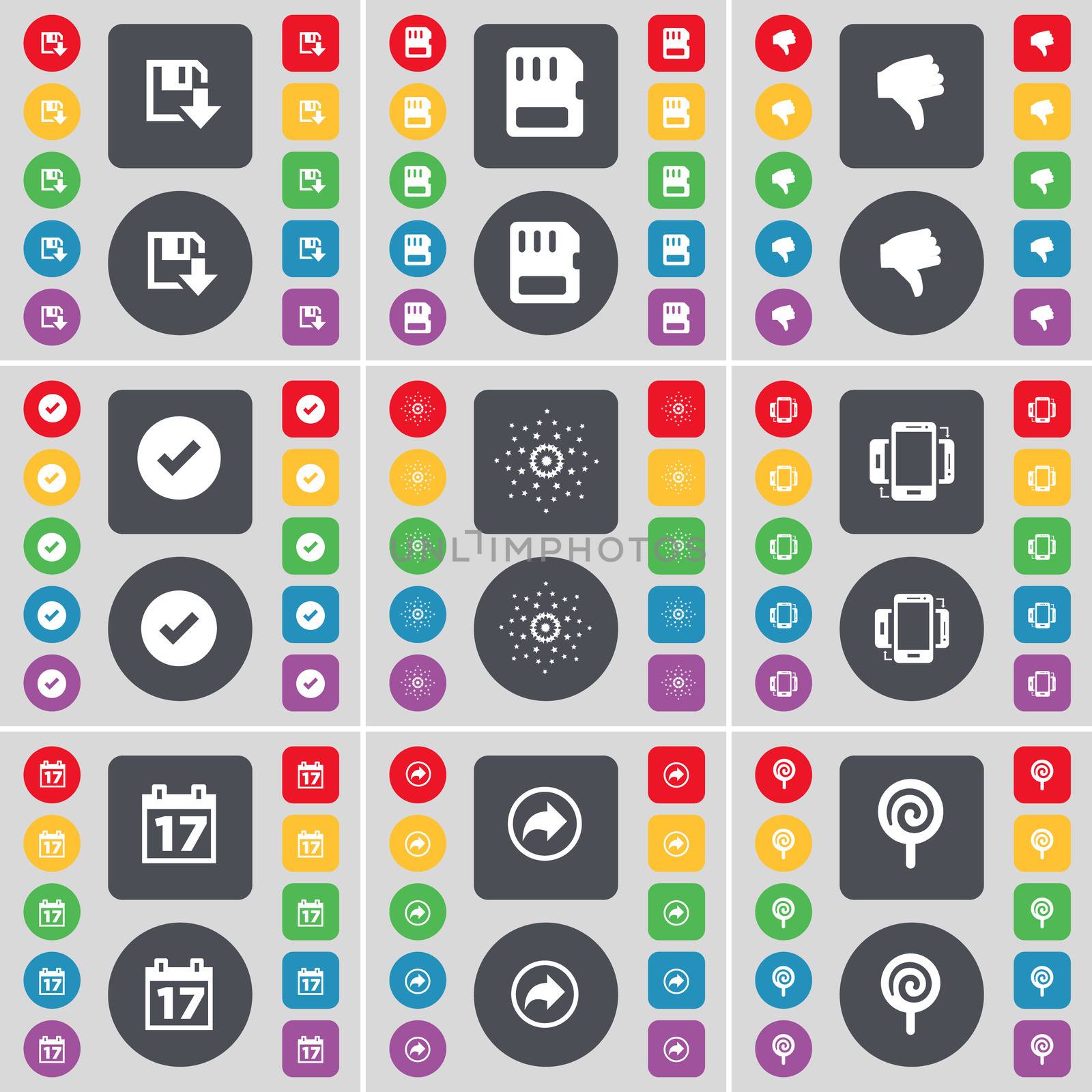 Floppy, SIM card, Dislike, Tick, Star, Smartphone, Calendar, Back, Lollipop icon symbol. A large set of flat, colored buttons for your design.  by serhii_lohvyniuk