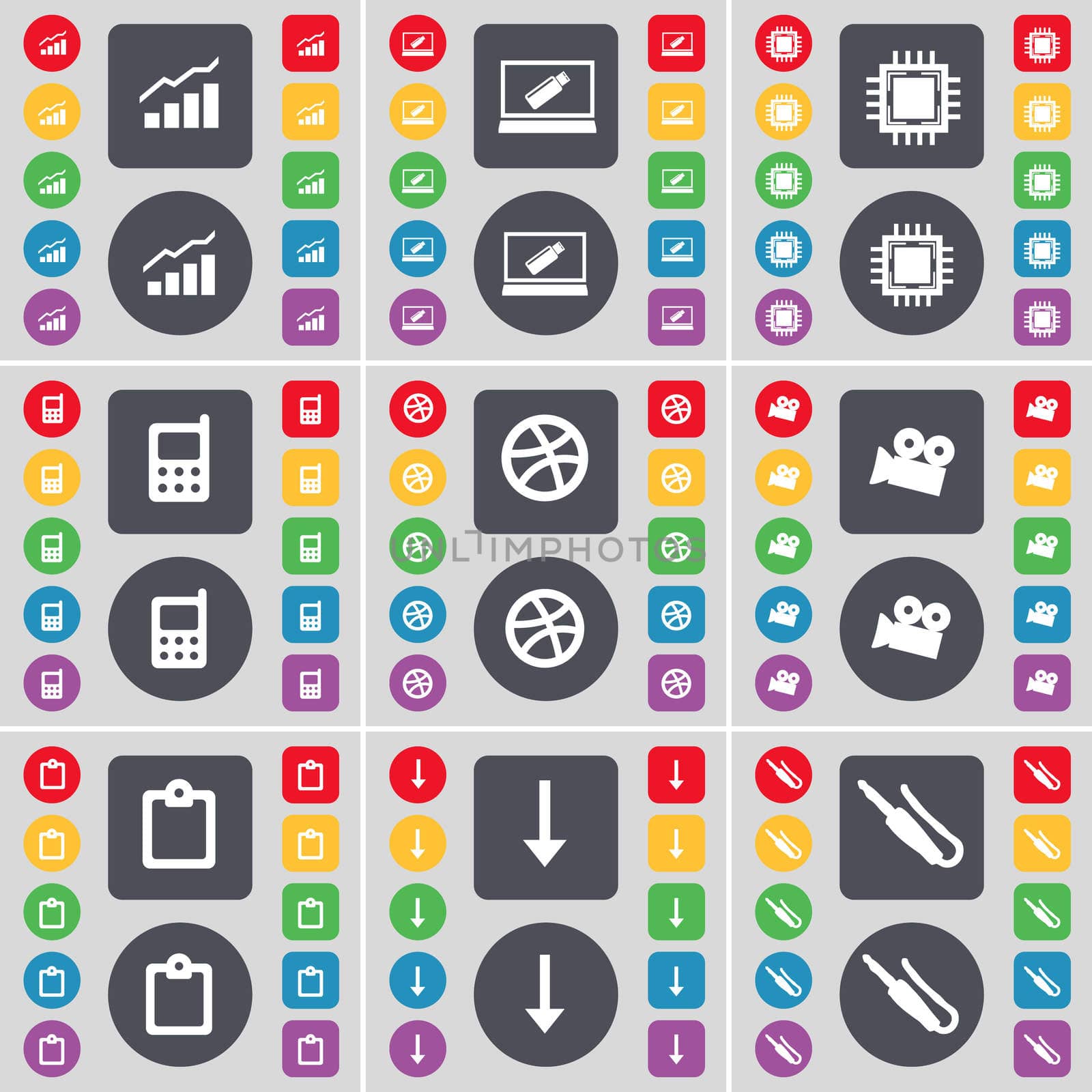 Graph, Laptop, Processor, Mobile phone, Ball, Film camera, Survey, Arrow down, Microphone connector icon symbol. A large set of flat, colored buttons for your design. illustration