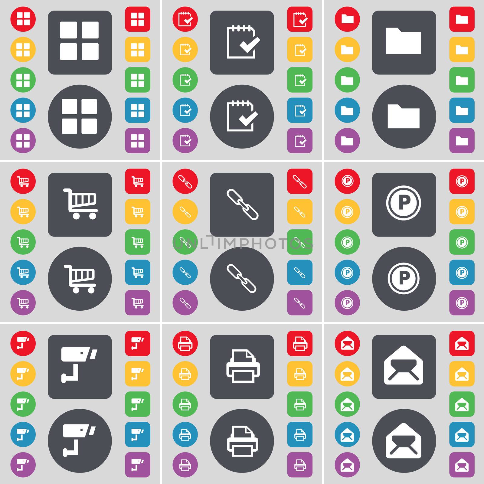 Apps, Survey, Folder, Shopping cart, Link, Parking, CCTV, Printer, Message icon symbol. A large set of flat, colored buttons for your design. illustration