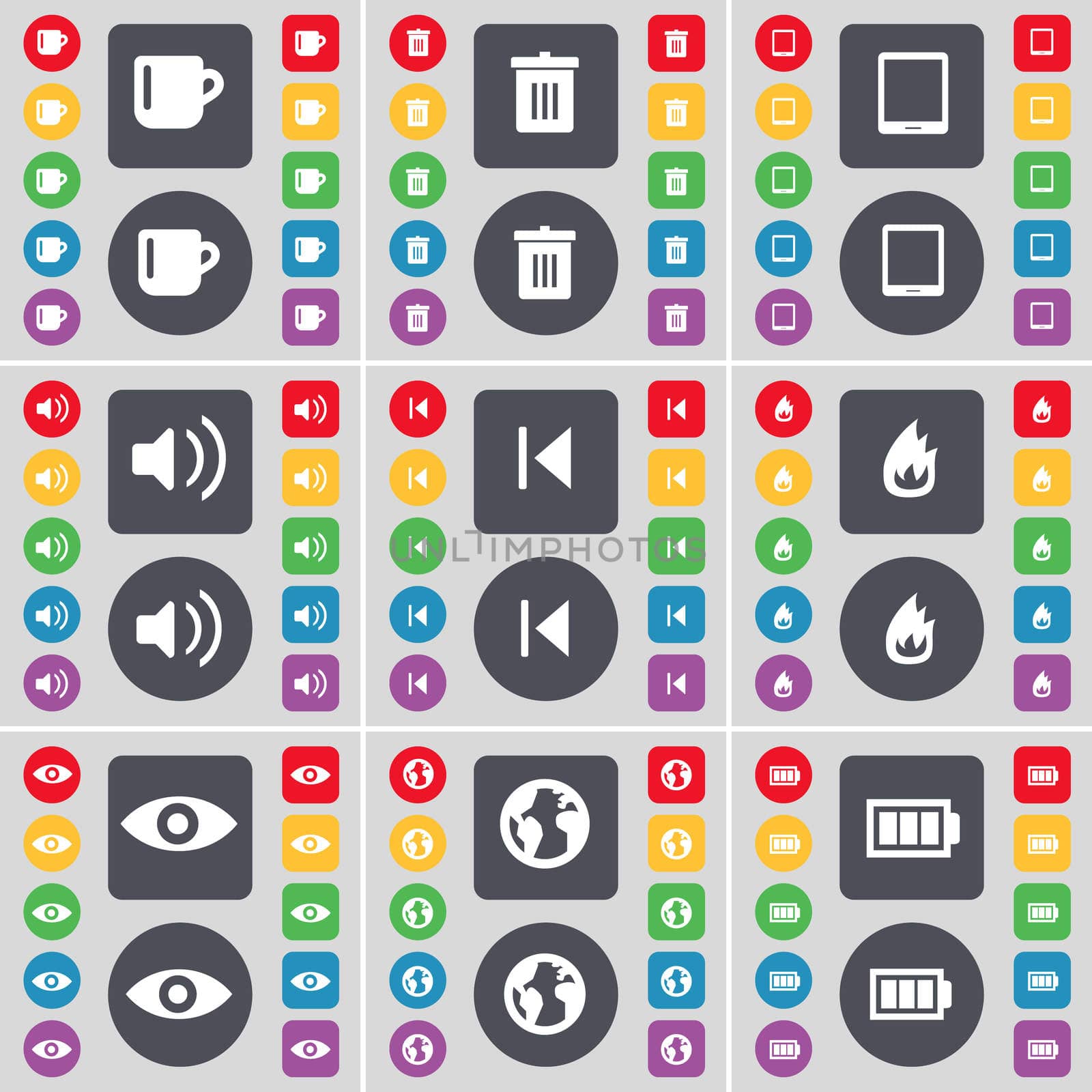 Cup, Trash can, Tablet PC, Sound, Media skip, Fire, Vision, Earth, Battery icon symbol. A large set of flat, colored buttons for your design. illustration