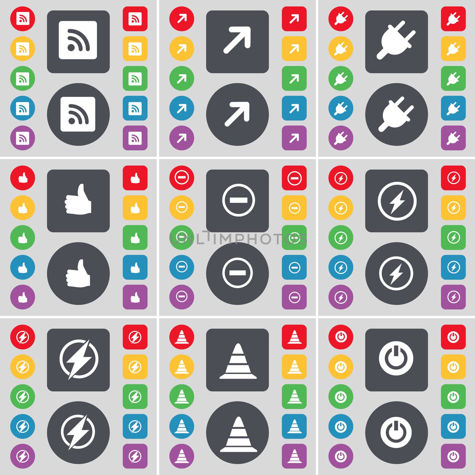 RSS, Full screen, Socket, Like, Minus, Flash, Cone, Power icon symbol. A large set of flat, colored buttons for your design.  by serhii_lohvyniuk