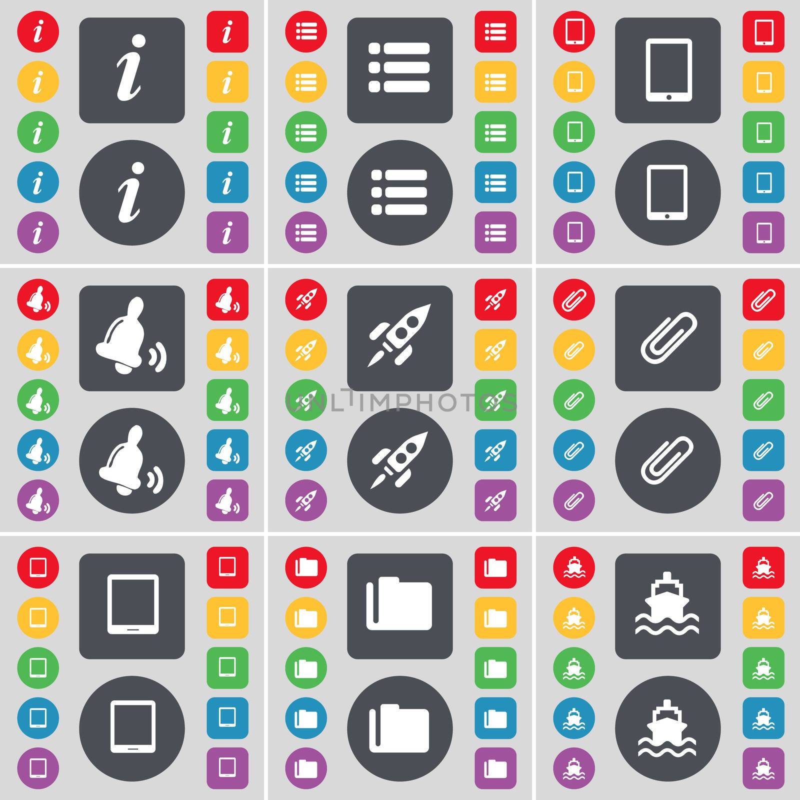 Information, List, Tablet PC, Bell, Rocket, Clip, Tablet PC, Folder, Ship icon symbol. A large set of flat, colored buttons for your design. illustration