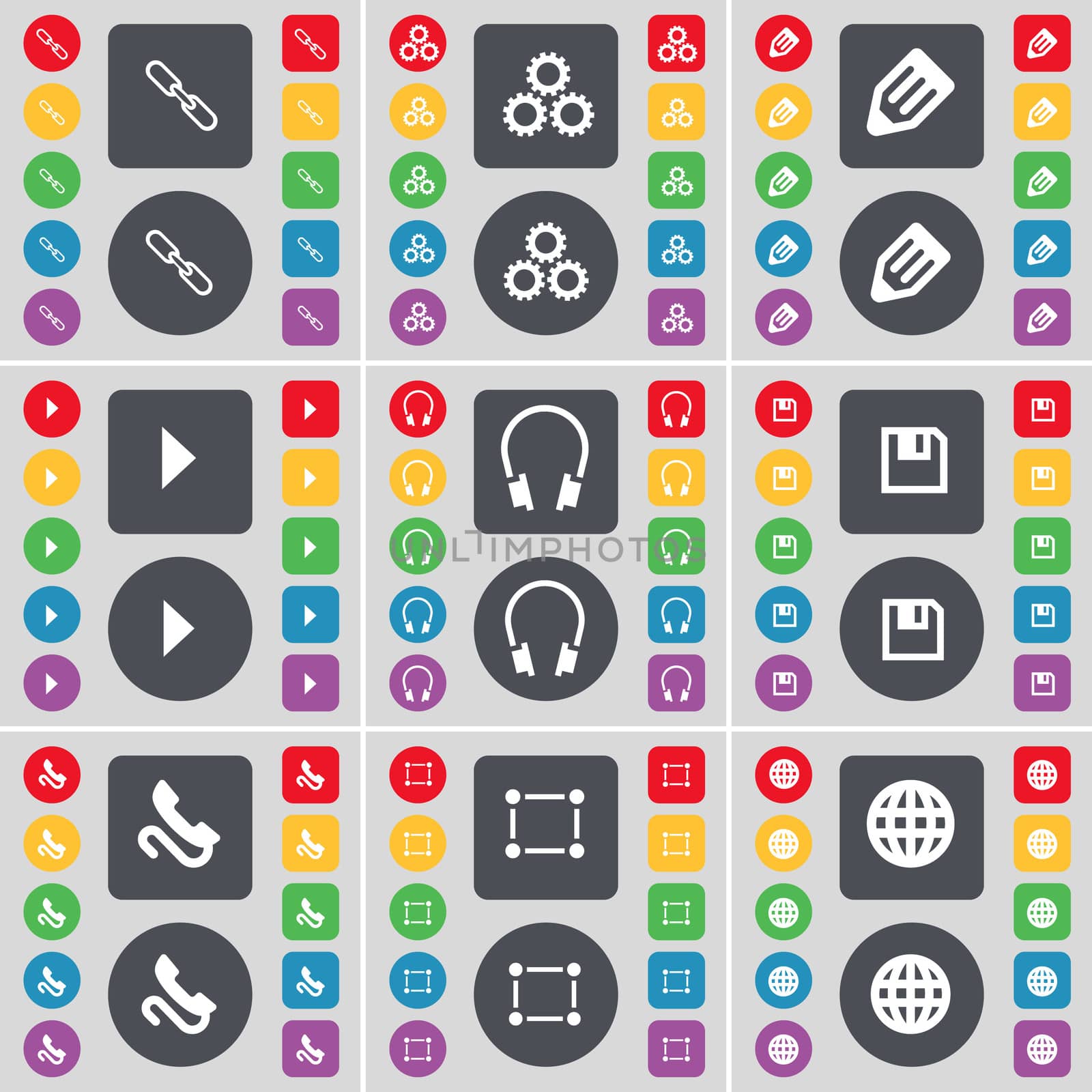 Link, Gear, Pencil, Media play, Headphones, Floppy, Receiver, Frame, Globe icon symbol. A large set of flat, colored buttons for your design.  by serhii_lohvyniuk