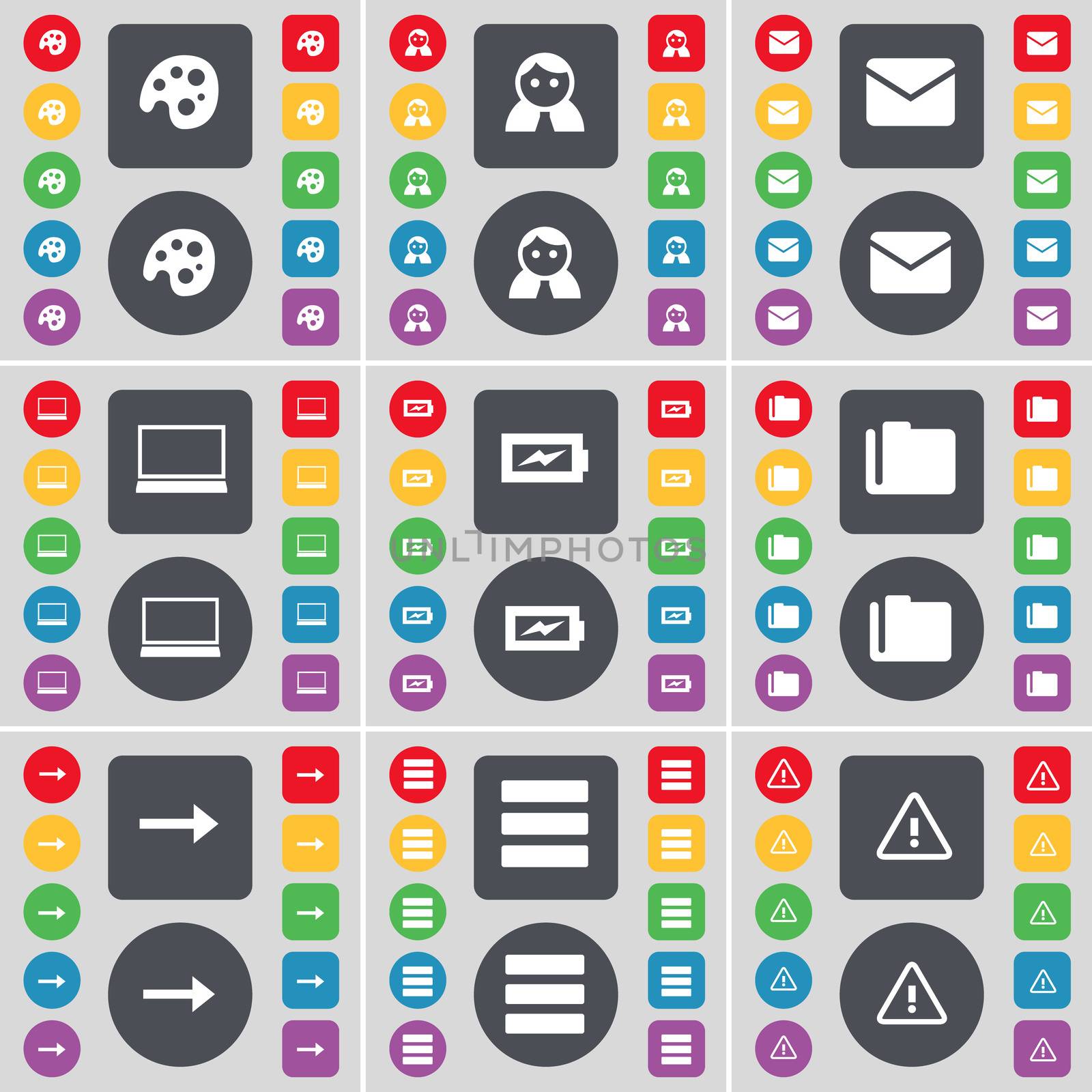 Palette, Avatar, Message, Laptop, Charging, Folder, Arrow right, Apps, Warning icon symbol. A large set of flat, colored buttons for your design.  by serhii_lohvyniuk