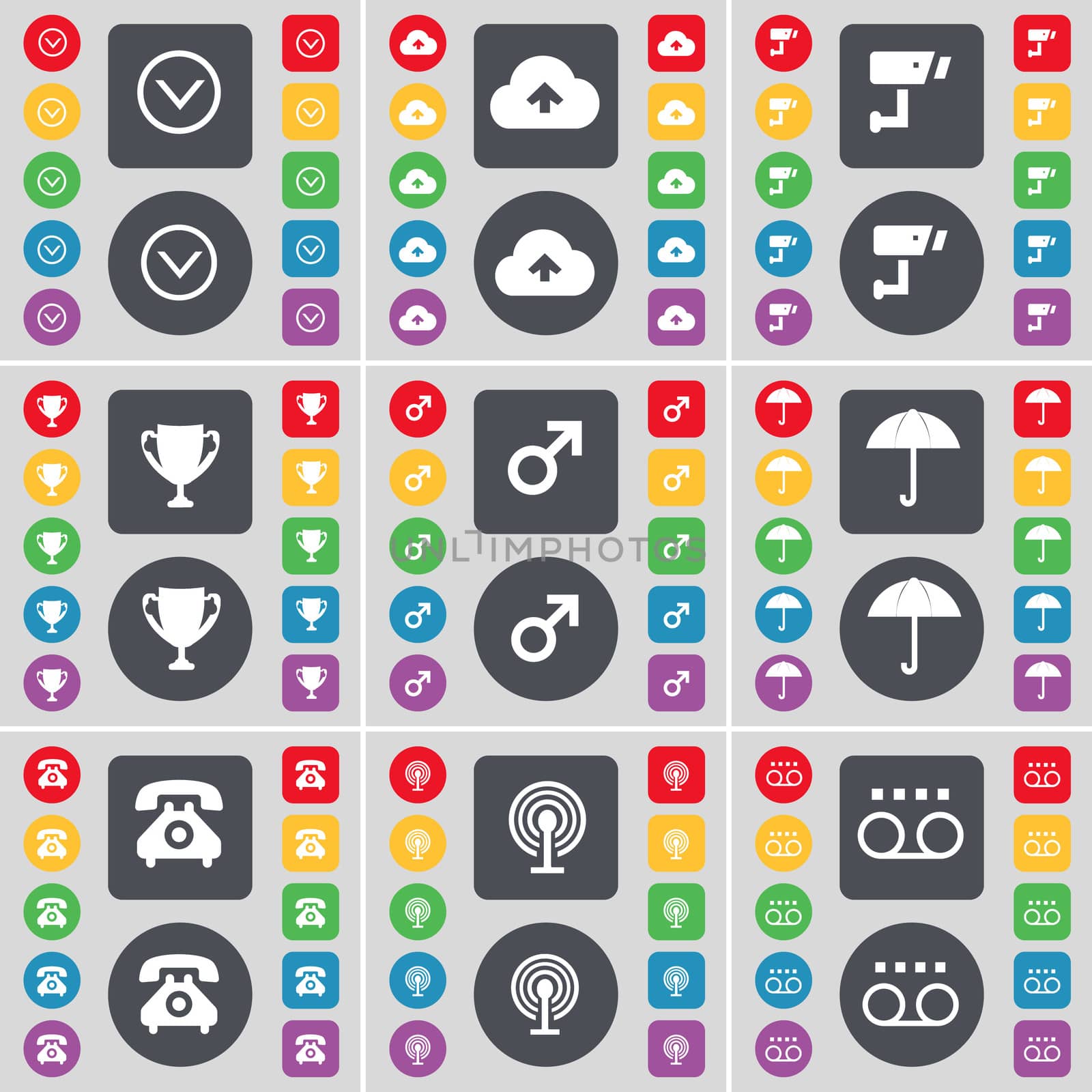 Arrow down, Cloud, CCTV, Cup, Mars symbol, Umbrella, Retro phone, Wi-Fi, Cassette icon symbol. A large set of flat, colored buttons for your design. illustration