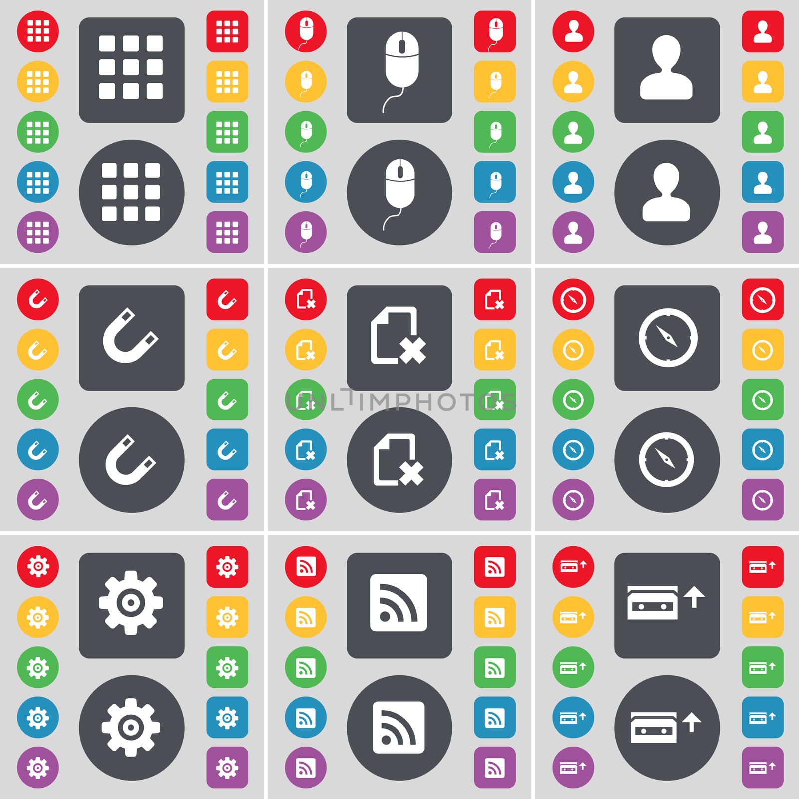 Apps, Mouse, Avatar, Magnet, File, Compass, Gear, RSS, Cassette icon symbol. A large set of flat, colored buttons for your design.  by serhii_lohvyniuk