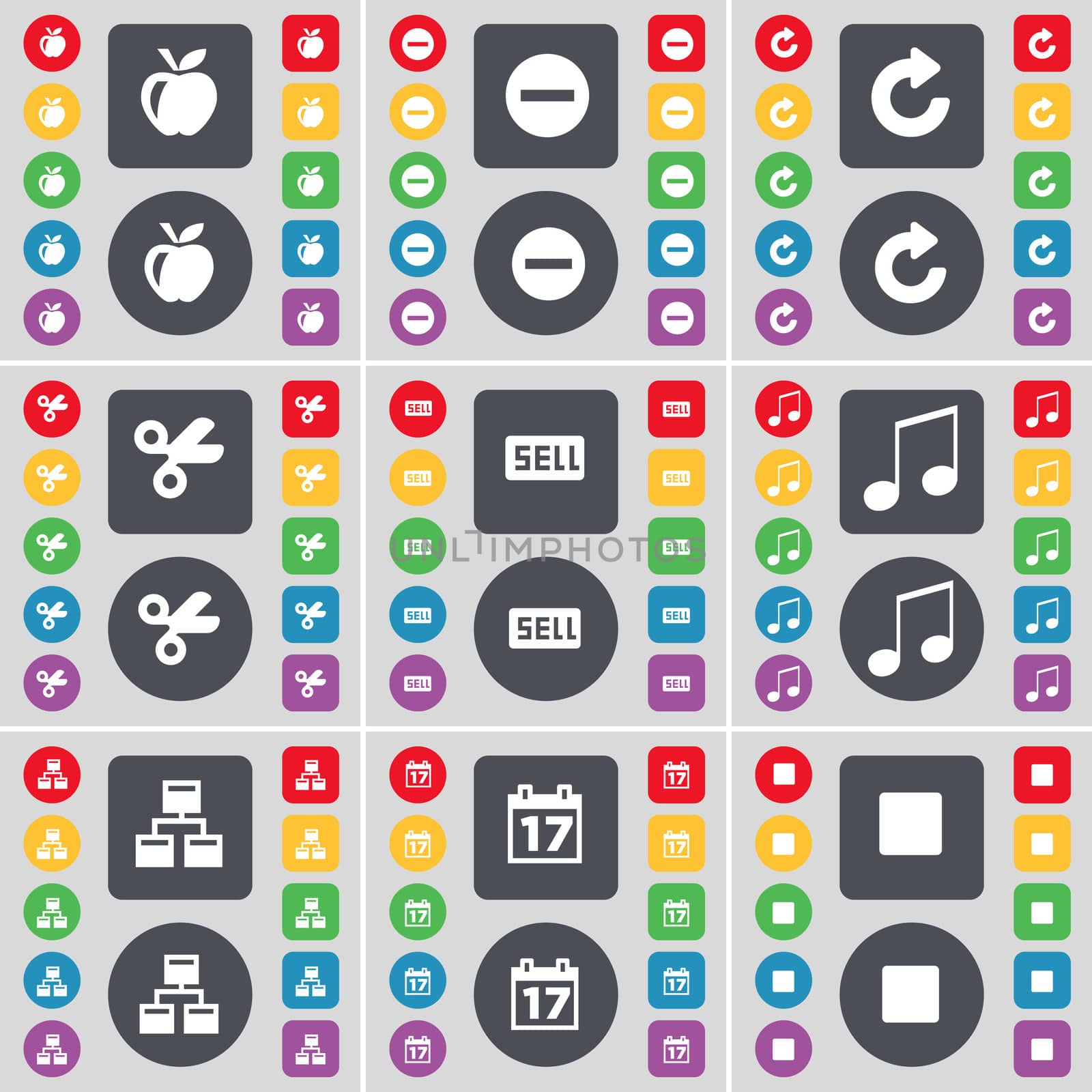 Apple, Minus, Reload, Scissors, Sell, Note, Network, Calendar, Media stop icon symbol. A large set of flat, colored buttons for your design. illustration