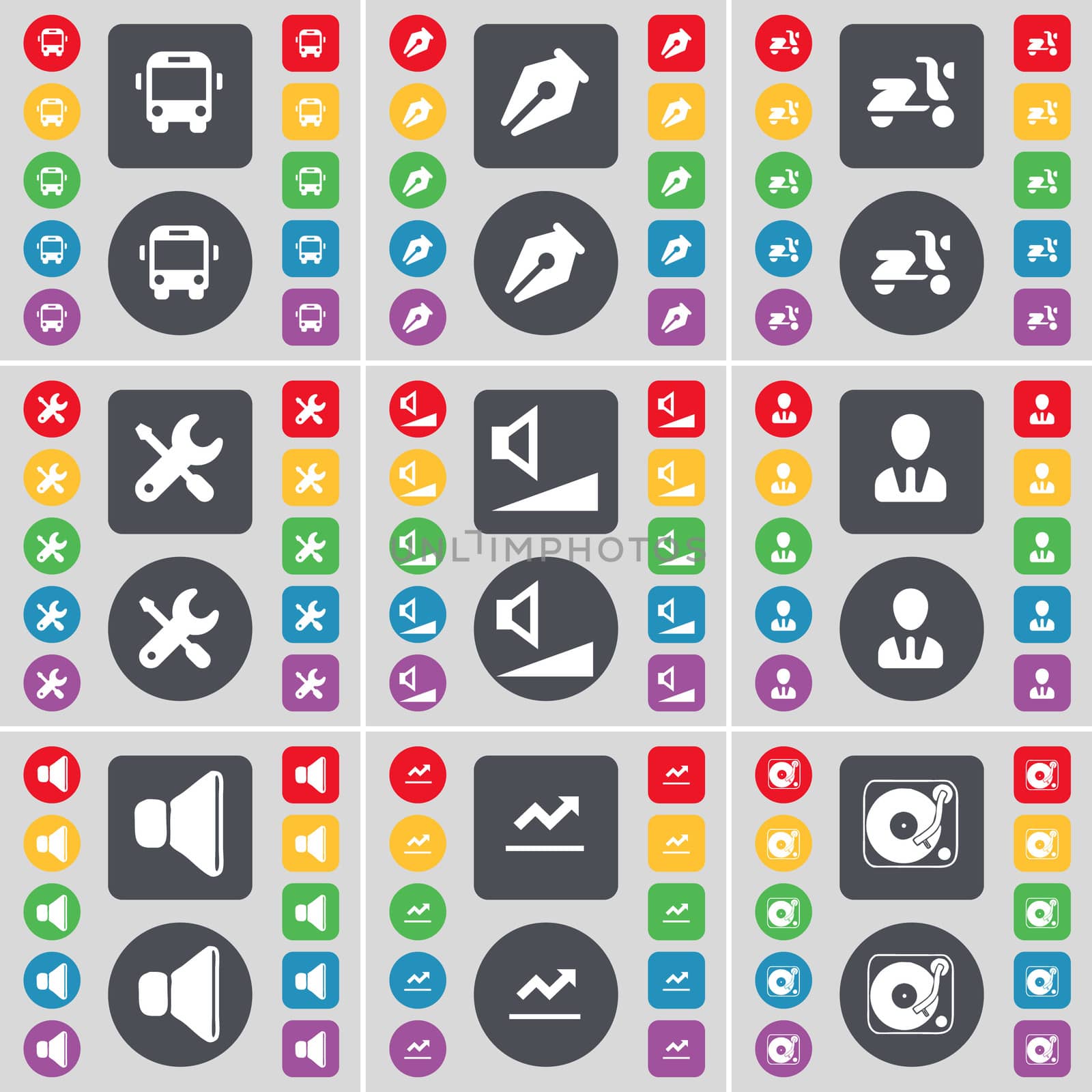 Bus, Ink pen, Scooter, Wrench, Volume, Avatar, Sound, Graph, Gramophone icon symbol. A large set of flat, colored buttons for your design.  by serhii_lohvyniuk