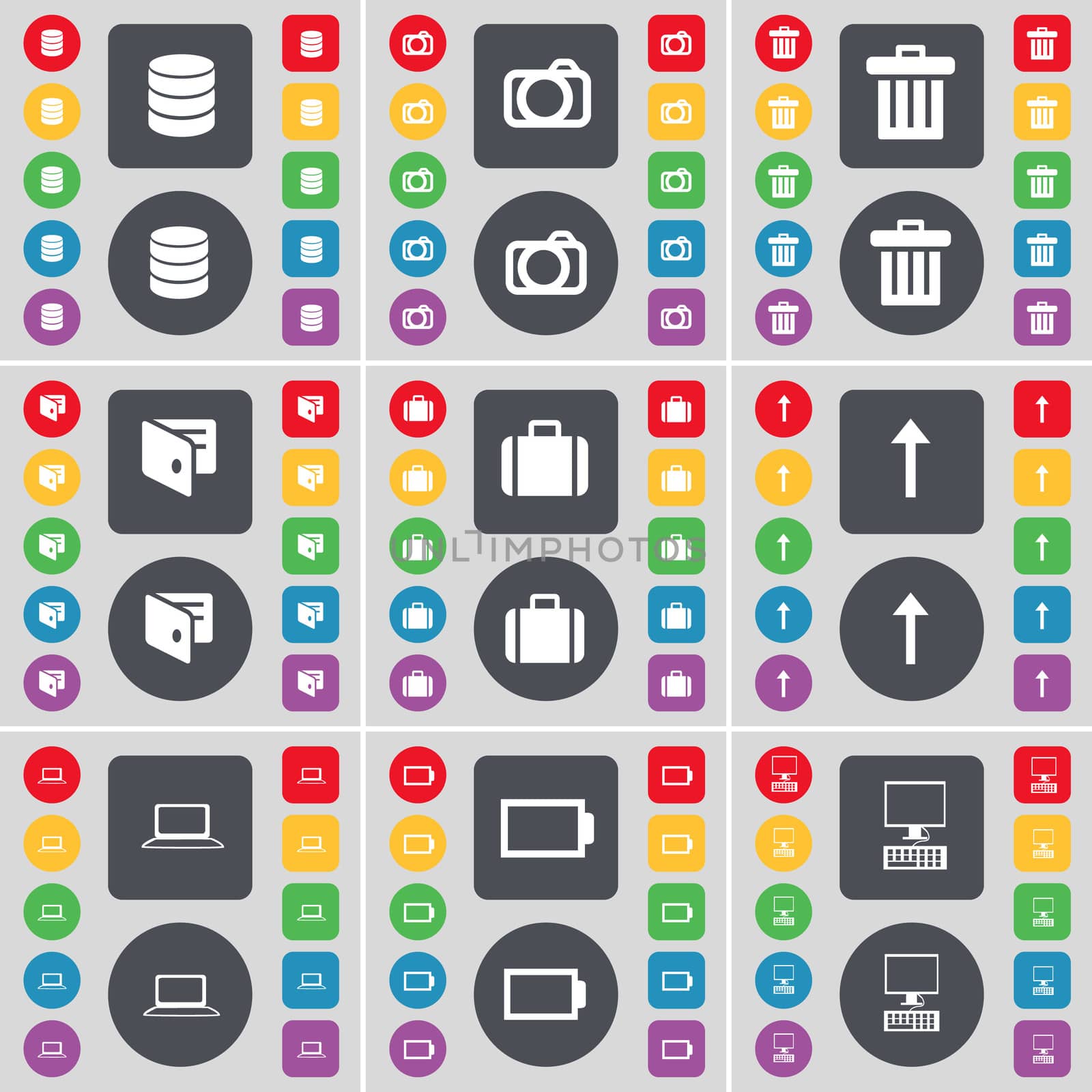 Database, Camera, Trash can, Wallet, Suitcase, Arrow up, Laptop, Battery, PC icon symbol. A large set of flat, colored buttons for your design.  by serhii_lohvyniuk