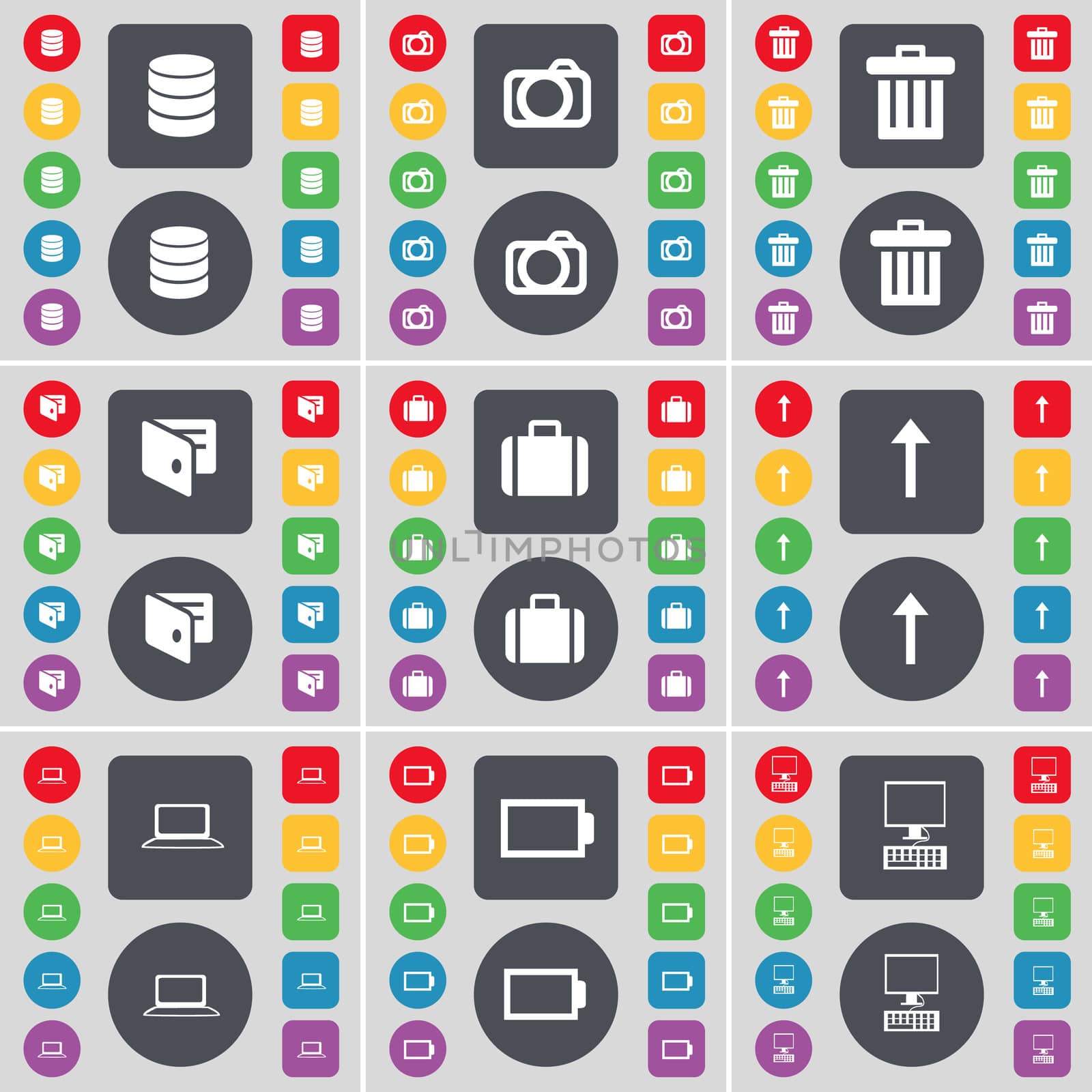 Database, Camera, Trash can, Wallet, Suitcase, Arrow up, Laptop, Battery, PC icon symbol. A large set of flat, colored buttons for your design. illustration