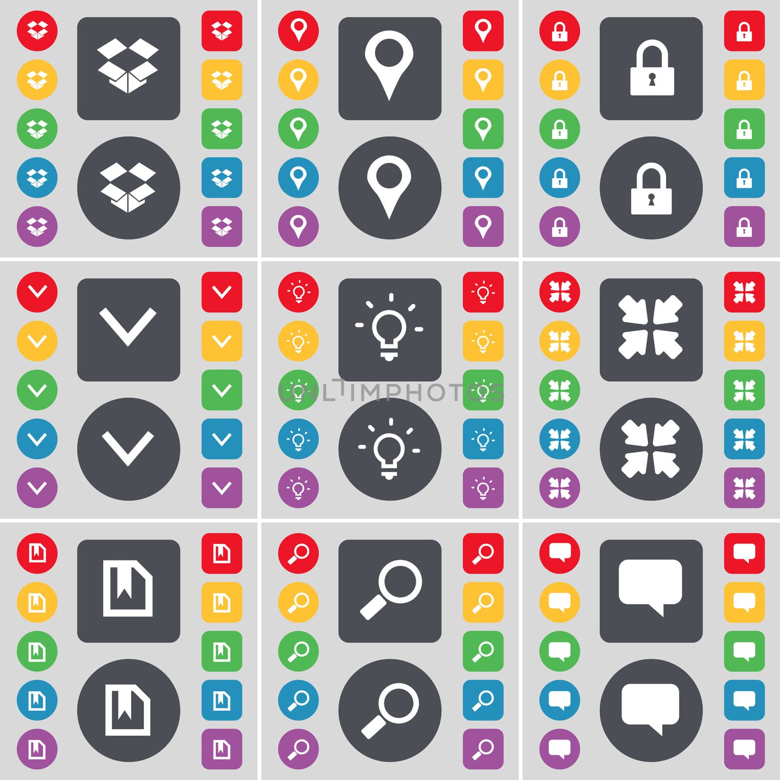 Dropbox, Checkpoint, Lock, Arrow down, Light bulb, Deploying screen, File, Magnifying glass, Chat bubble icon symbol. A large set of flat, colored buttons for your design. illustration