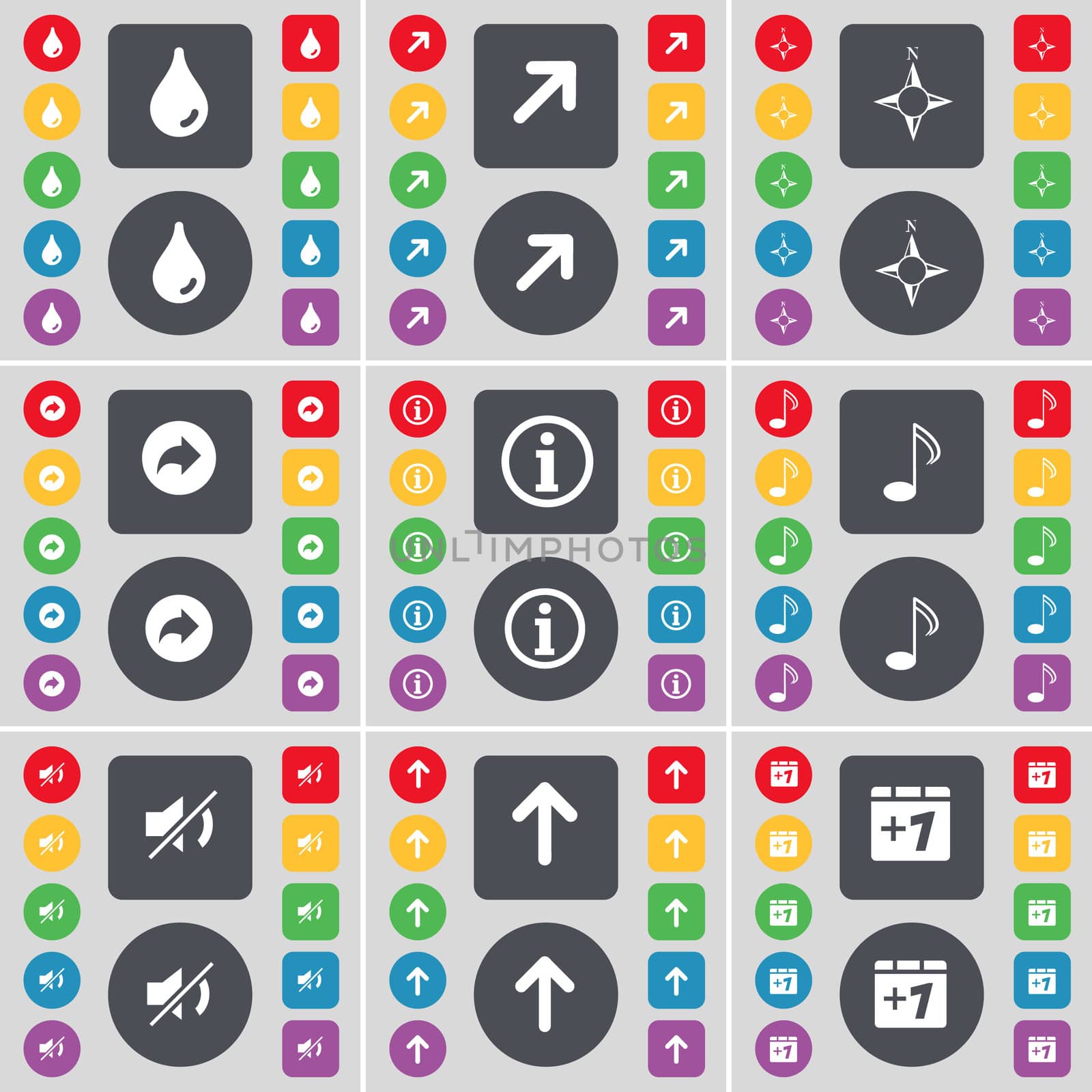 Drop, Full screen, Compass, Back, Information, Note, Mute, Arrow up, Plus one icon symbol. A large set of flat, colored buttons for your design.  by serhii_lohvyniuk