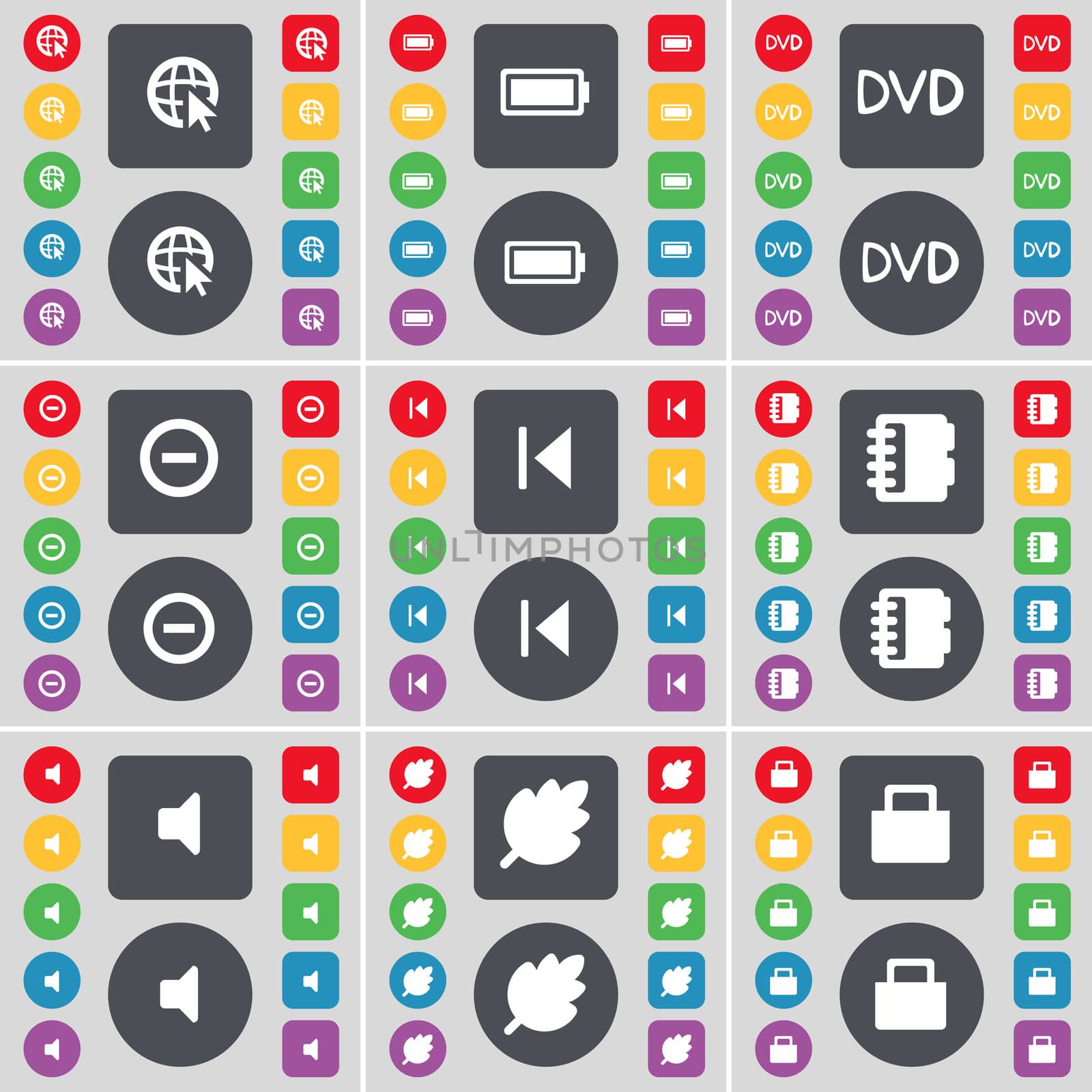 Web cursor, Battery, DVD, Minus, Media skip, Notebook, Sound, Leaf, Lock icon symbol. A large set of flat, colored buttons for your design. illustration
