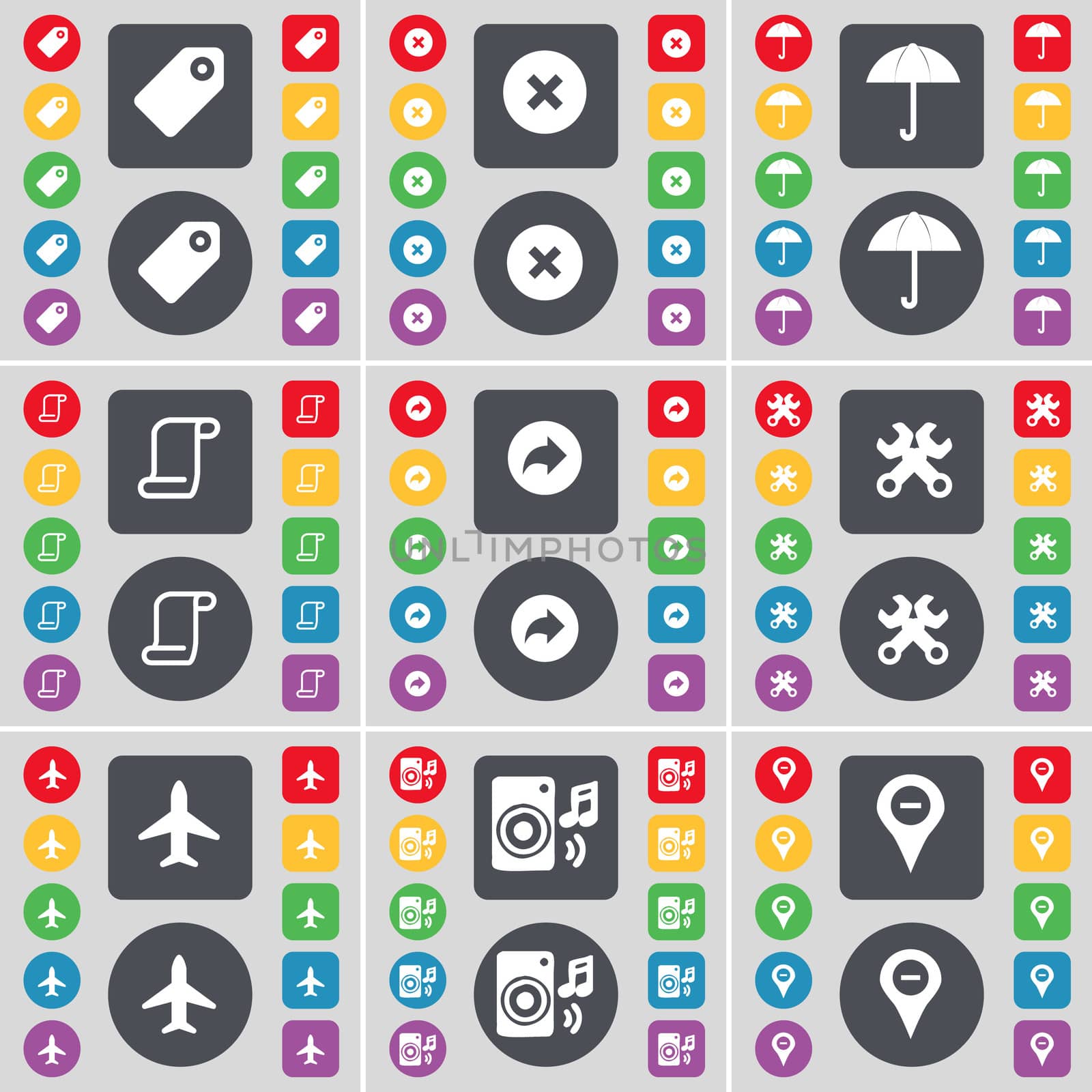 Tag, Stop, Umbrella, Scroll, Back, Wrench, Airplane, Speaker, Checkpoint icon symbol. A large set of flat, colored buttons for your design. illustration