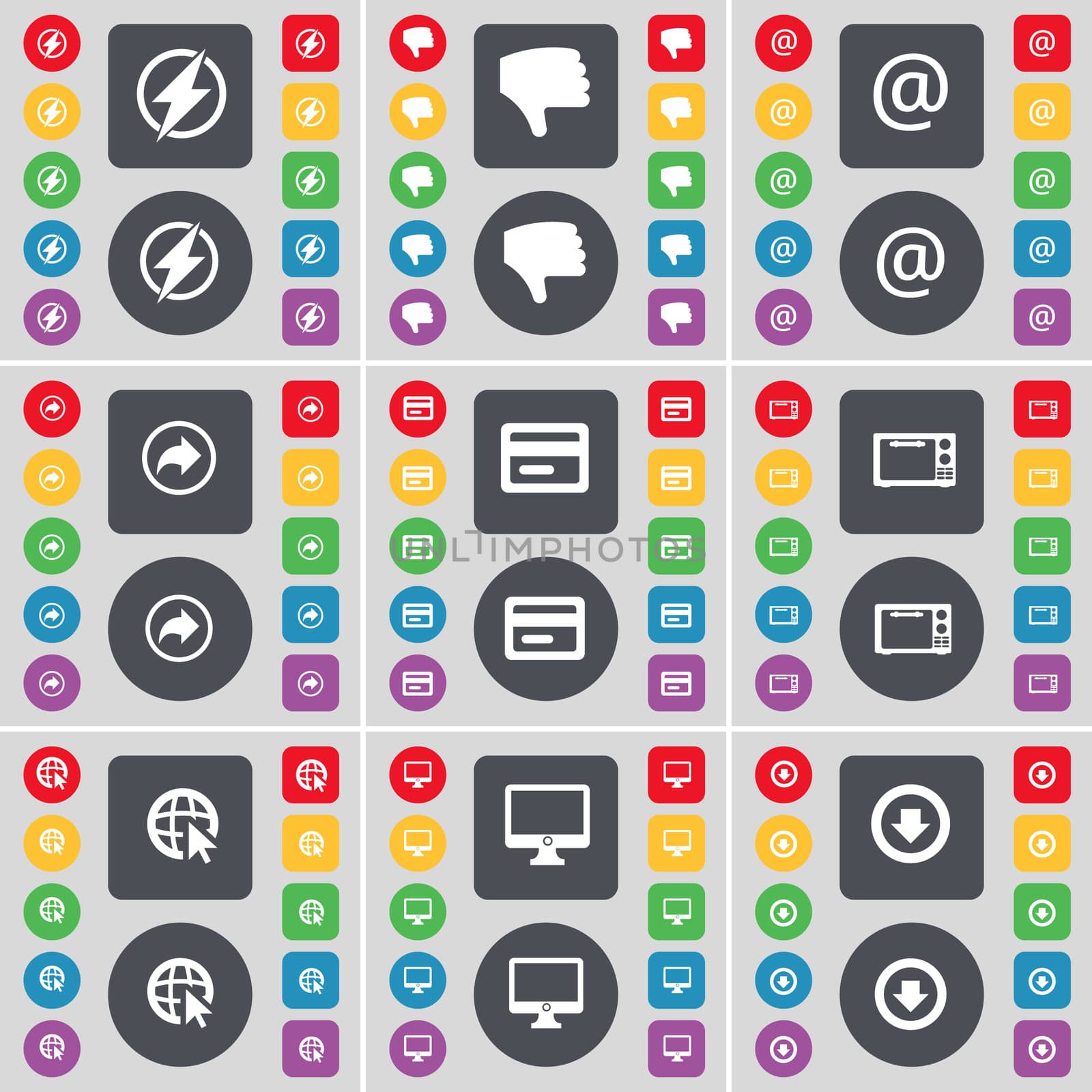 Flash, Dislike, Mail, Back, Credit card, Microwave, Web cursor, Monitor, Arrow down icon symbol. A large set of flat, colored buttons for your design. illustration