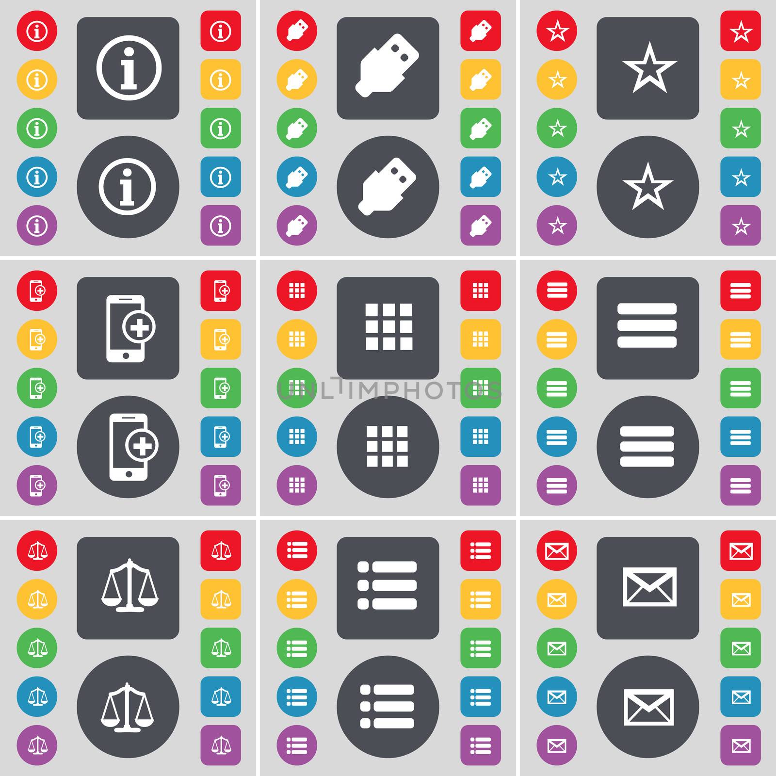 Information, USB, Star, Smartphone, Apps, Scales, List, Message icon symbol. A large set of flat, colored buttons for your design. illustration