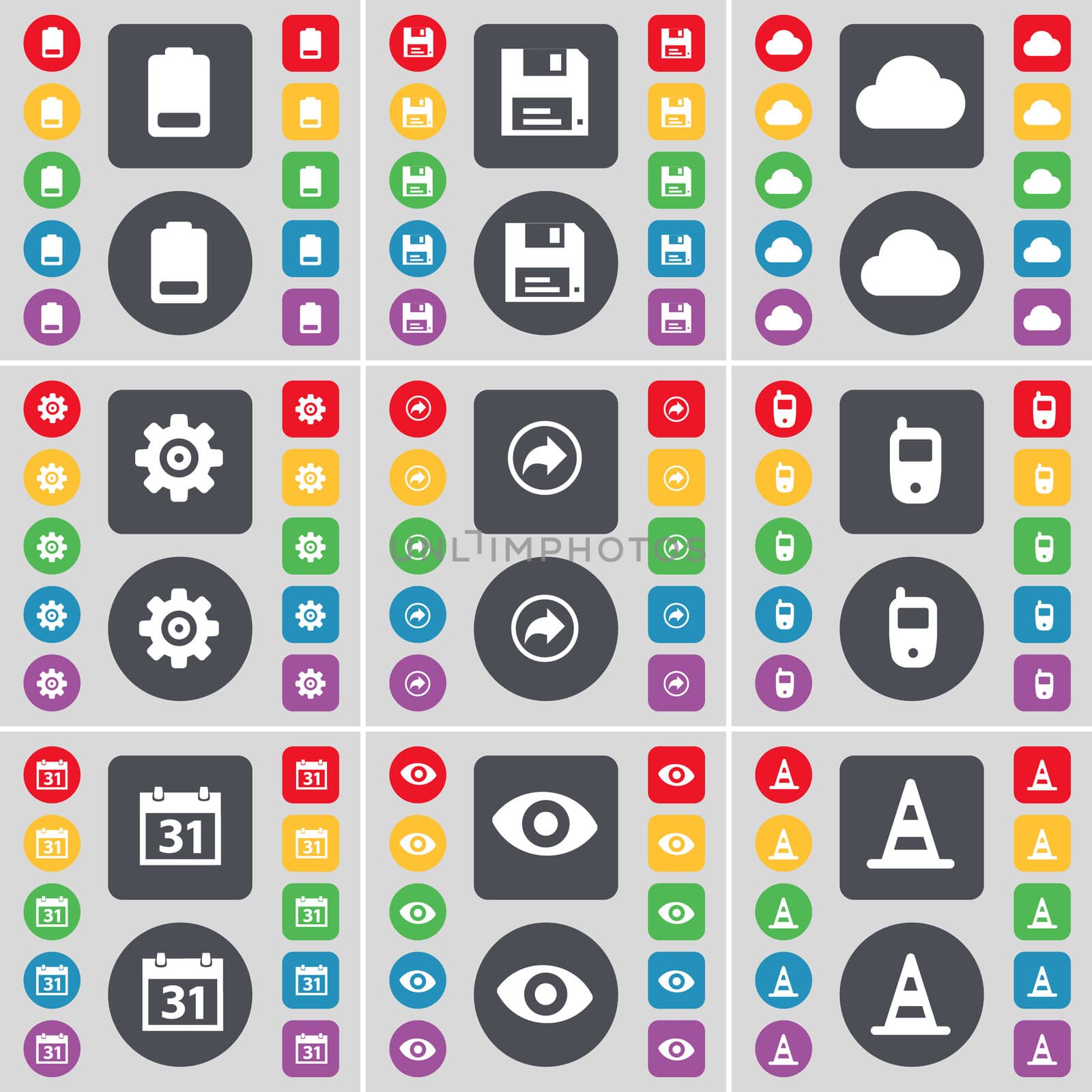 Battery, Floppy, Cloud, Gear, Back, Mobile phone, Calendar, Vision, Cone icon symbol. A large set of flat, colored buttons for your design. illustration