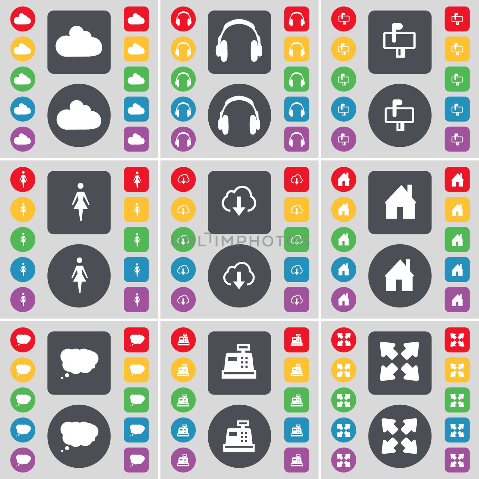 Cloud, Headphones, Mailbox, Silhouette, Cloud, House, Chat cloud, Cash register, Full screen icon symbol. A large set of flat, colored buttons for your design.  by serhii_lohvyniuk