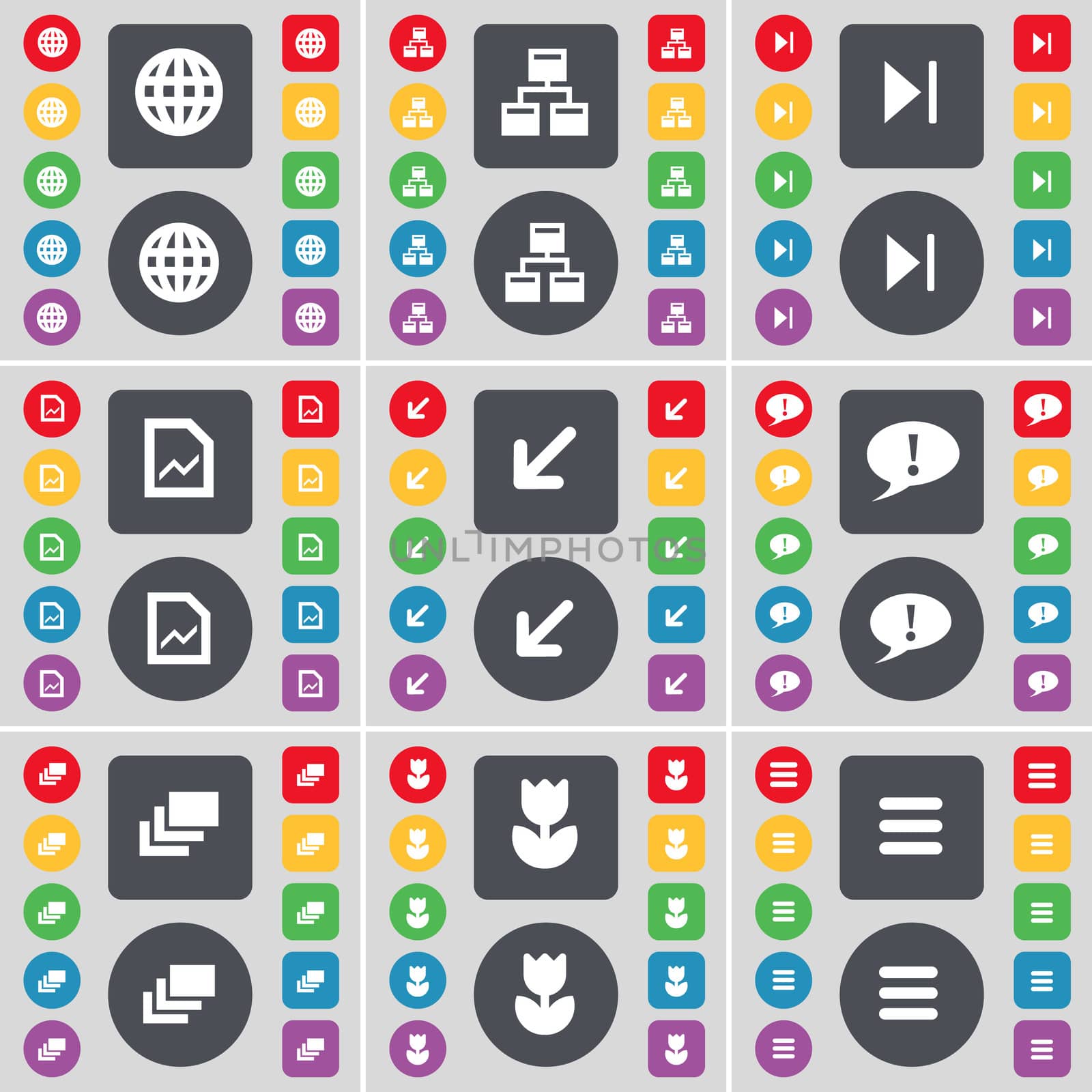 Globe, Network, Media skip, Graph file, Deploying screen, Chat bubble, Gallery, Flower, Apps icon symbol. A large set of flat, colored buttons for your design.  by serhii_lohvyniuk