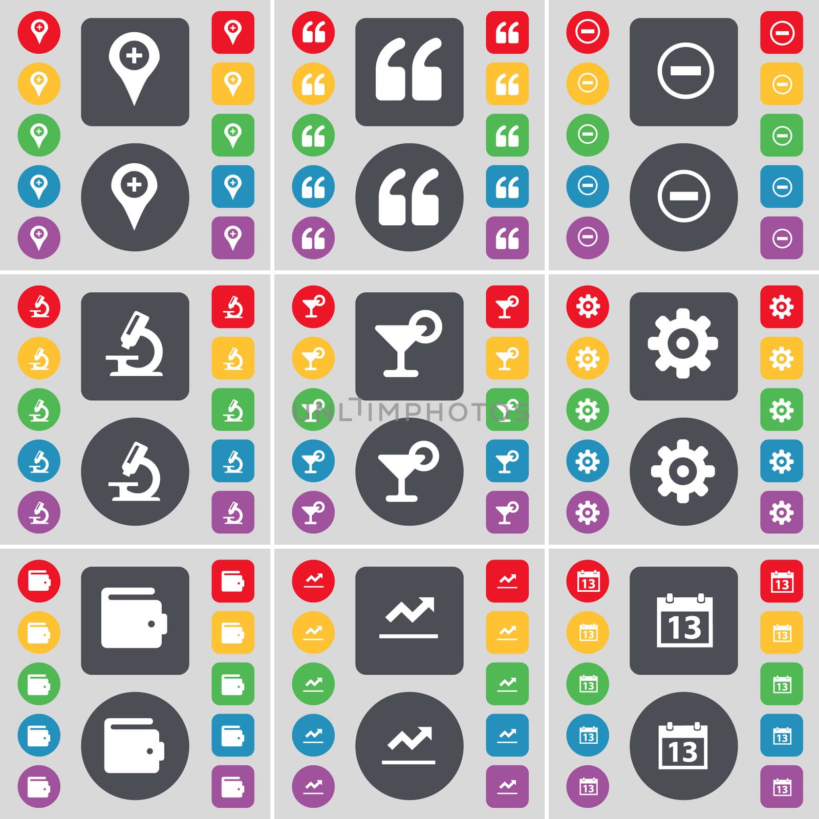 Checkpoint, Quotation mark, Minus, Microscope, Cocktail, Gear, Wallet, Graph, Calendar icon symbol. A large set of flat, colored buttons for your design. illustration