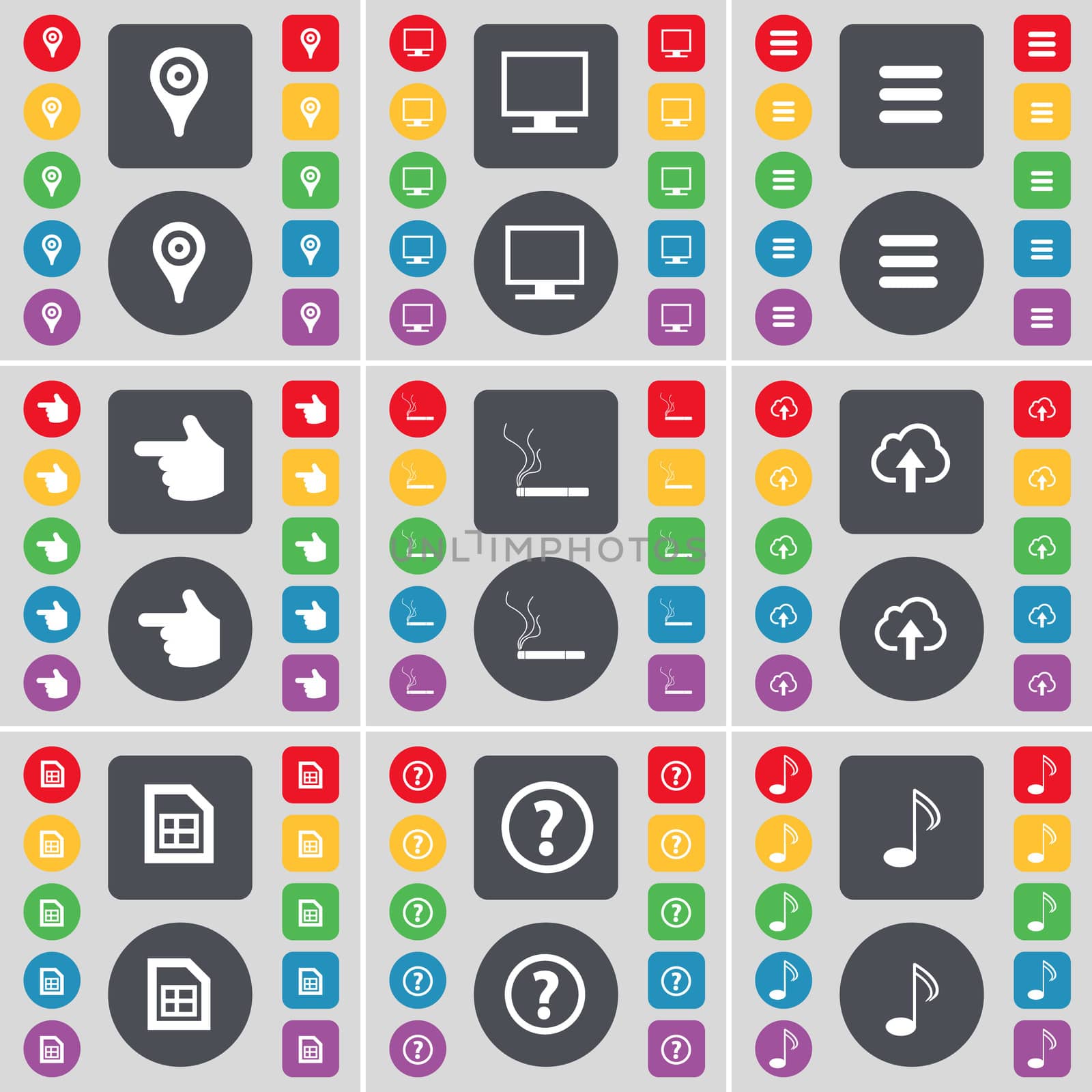 Checkpoint, Monitor, Apps, Hand, Cigarette, Cloud, File, Question mark, Note icon symbol. A large set of flat, colored buttons for your design. illustration