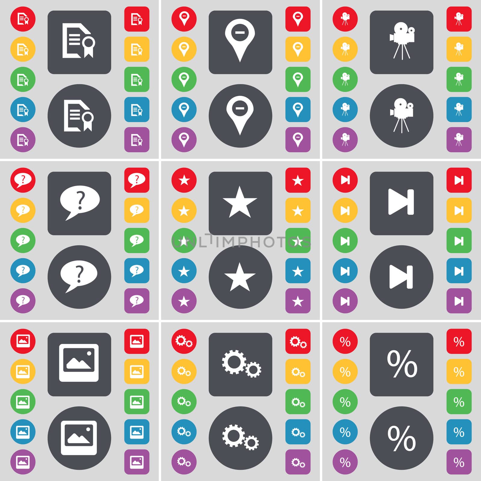 Text file, Checkpoint, Film camera, Chat bubble, Star, Media skip, Window, Gear, Percent icon symbol. A large set of flat, colored buttons for your design. illustration