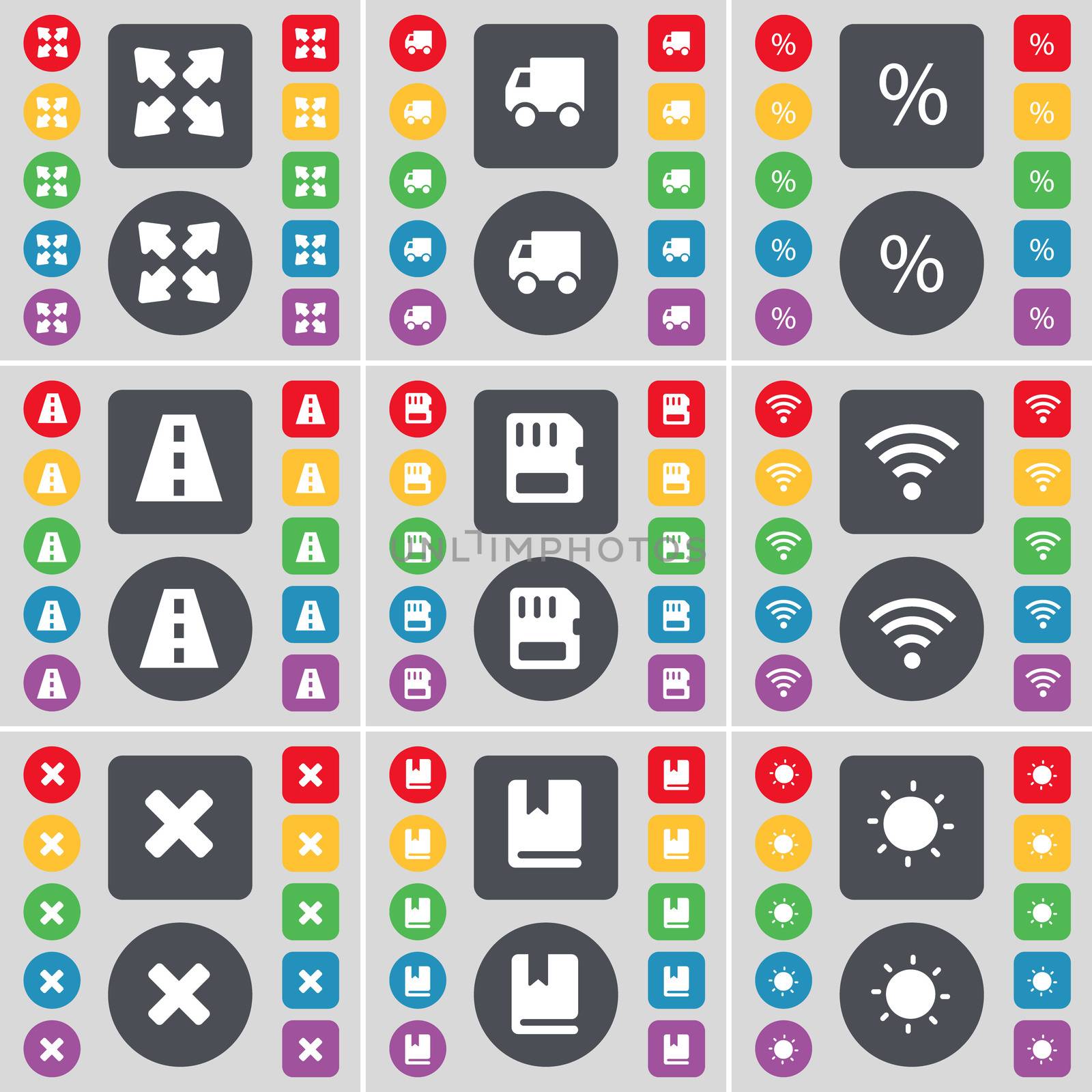 Full screen, Truck, Percent, Road, SIM card, Wi-Fi, Stop, Dictionary, Light icon symbol. A large set of flat, colored buttons for your design.  by serhii_lohvyniuk