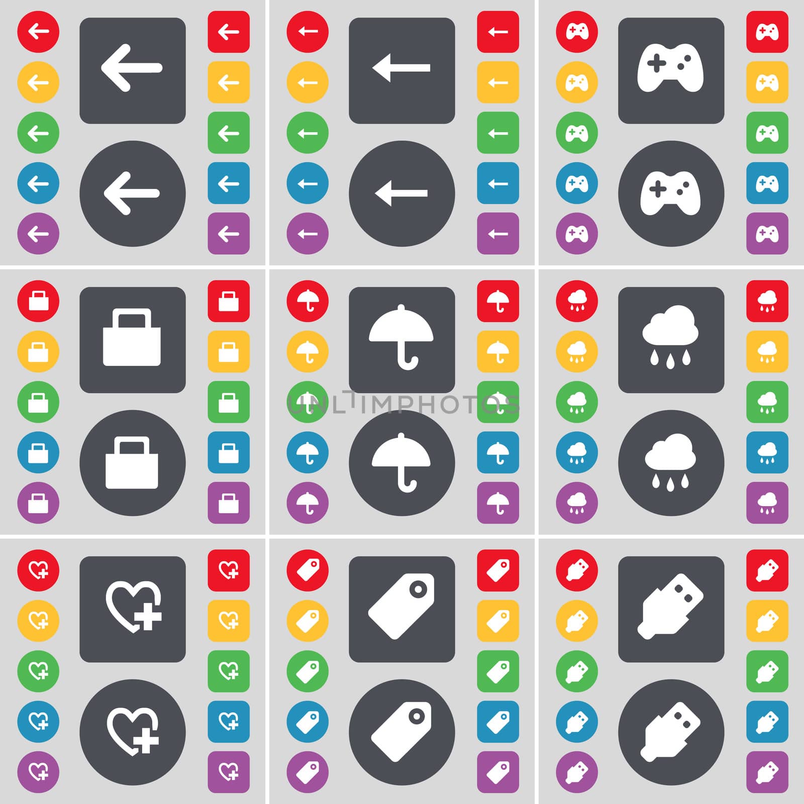 Arrow left, Gamepad, Lock, Umbrella, Cloud, Heart, Tag, USB icon symbol. A large set of flat, colored buttons for your design. illustration