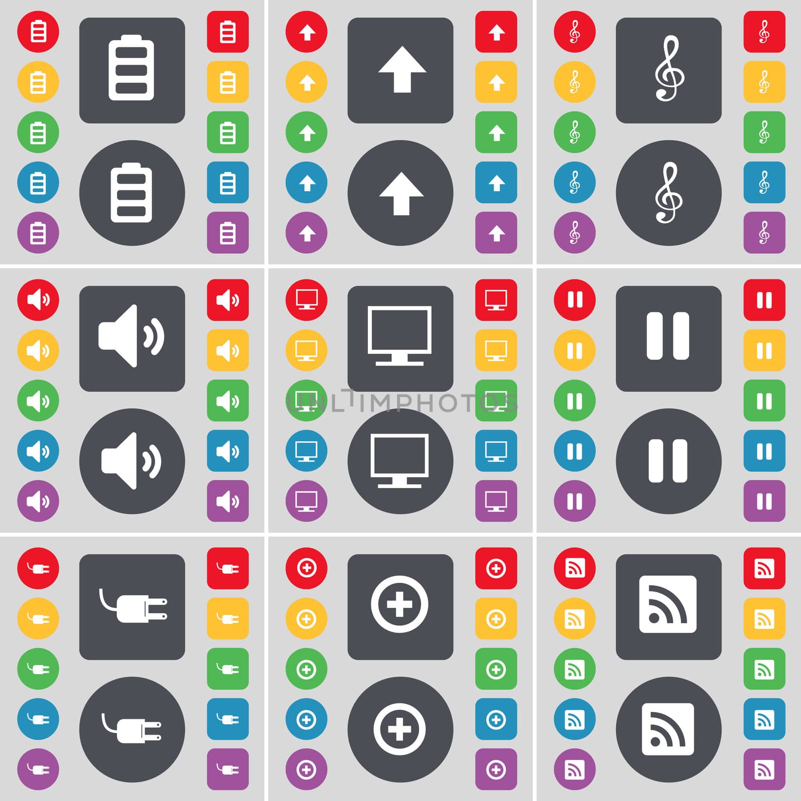 Battery, Arrow up, Clef, Speaker, Monitor, Pause, Socket, Plus, RSS icon symbol. A large set of flat, colored buttons for your design. illustration