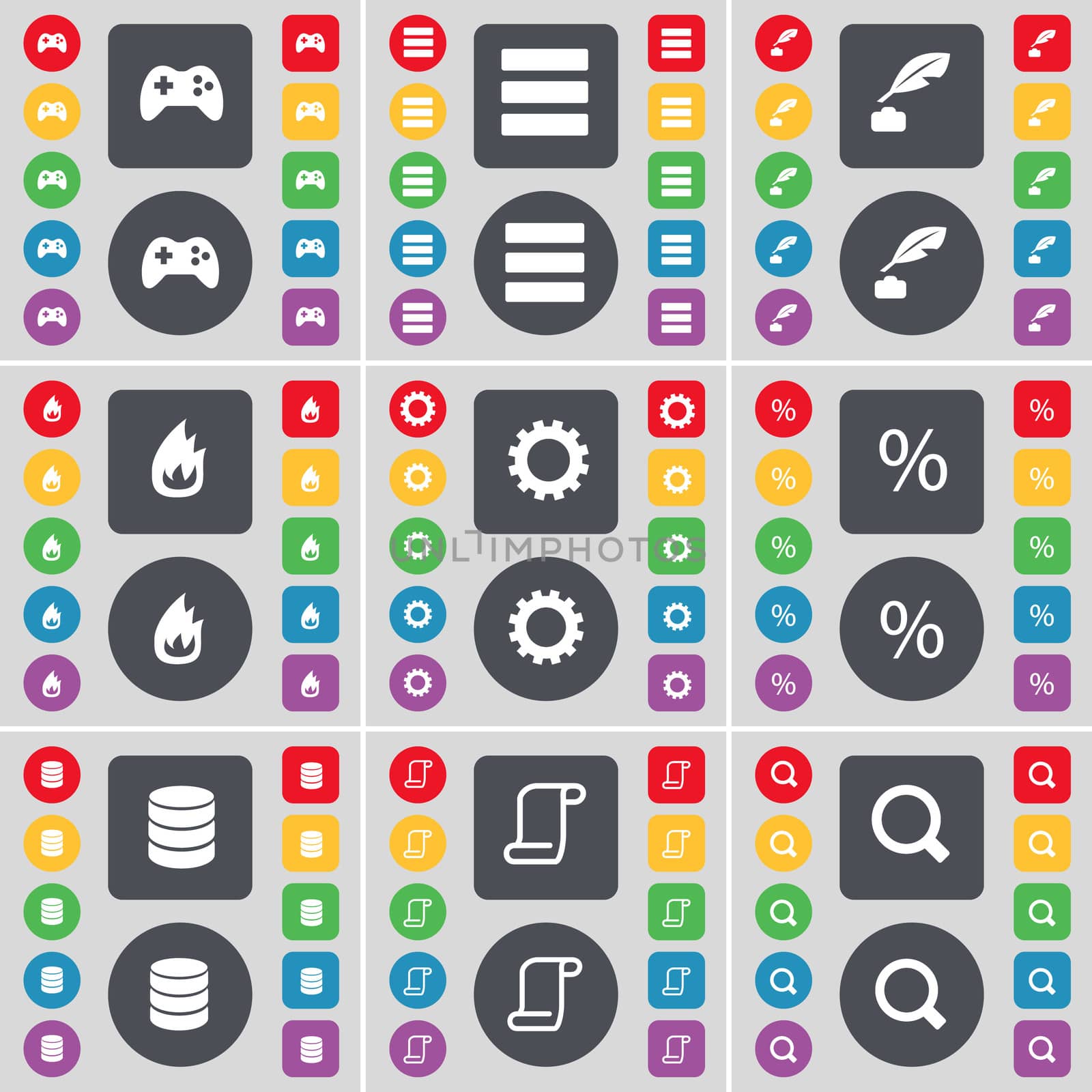 Gamepad, Apps, Ink pen, Fire, Gear, Percent, Database, Scroll, Magnifying glass icon symbol. A large set of flat, colored buttons for your design. illustration