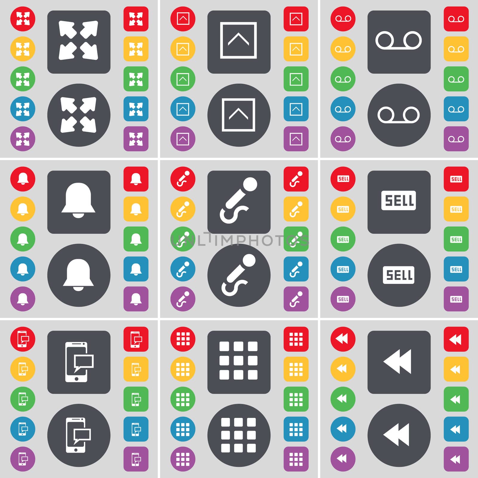 Full screen, Arrow up, Cassette, Notification, Microphone, Sell, SMS, Apps, Rewind icon symbol. A large set of flat, colored buttons for your design. illustration