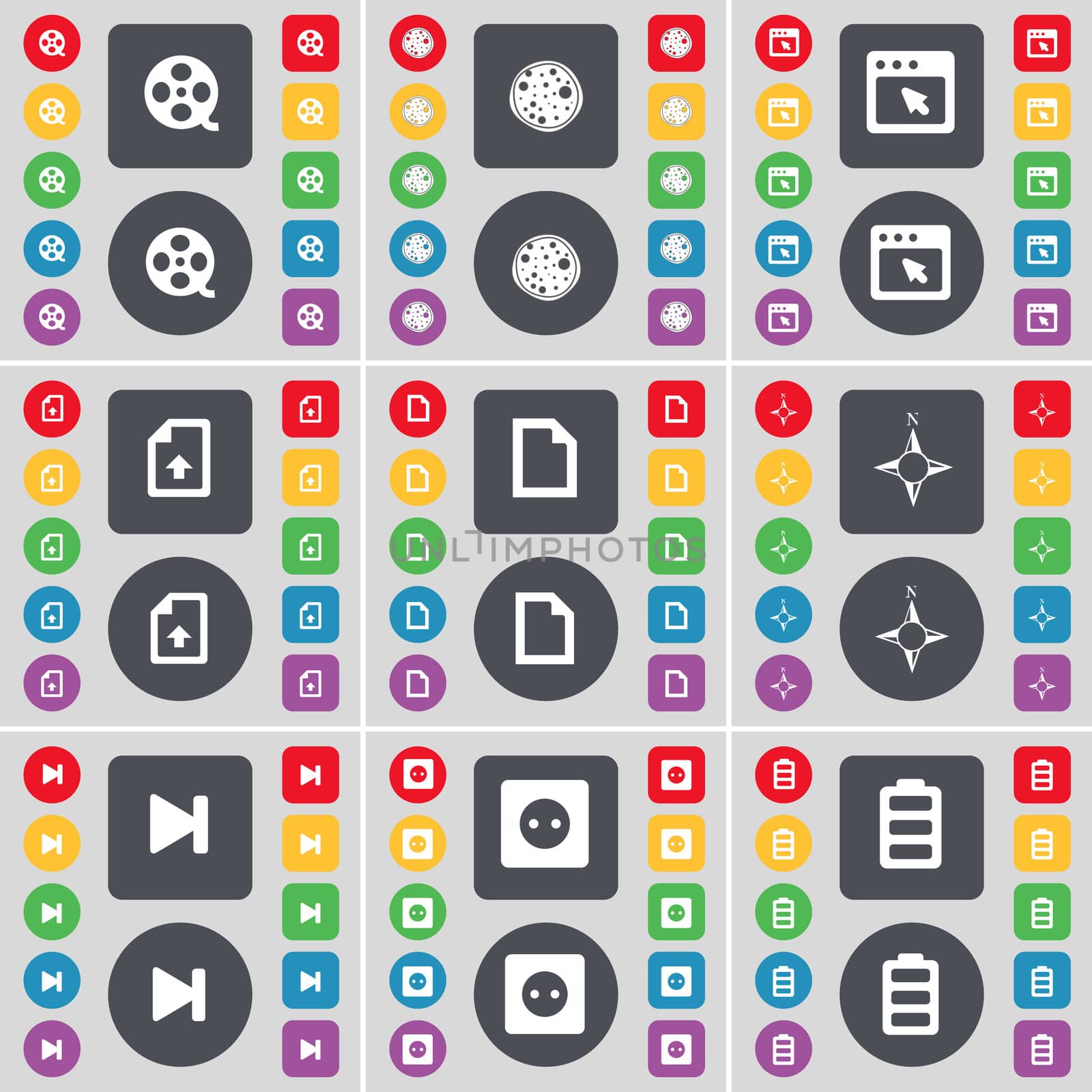 Videotape, Pizza, Window, Upload file, File, Compass, Media skip, Socket, Battery icon symbol. A large set of flat, colored buttons for your design. illustration