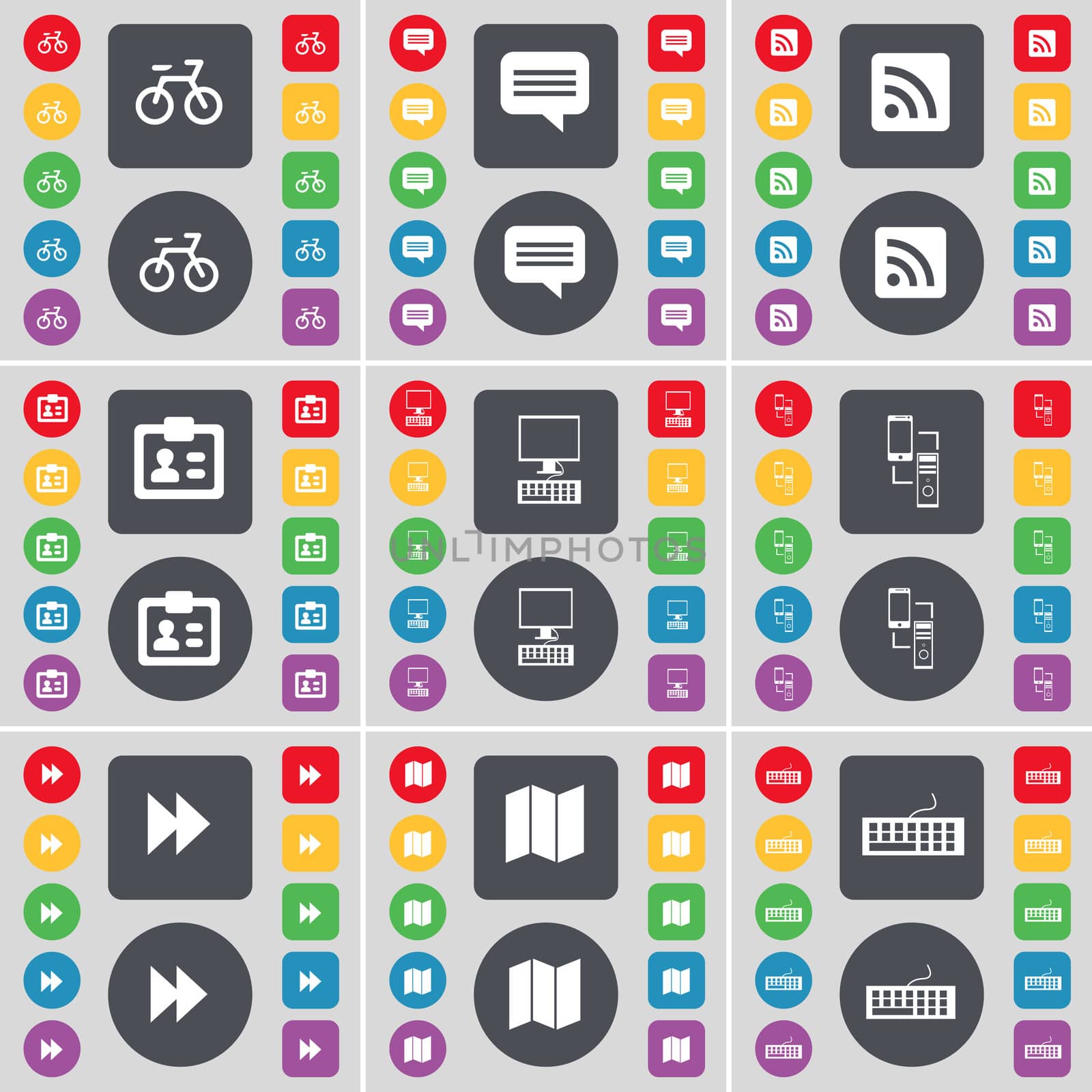 Bicycle, Chat bubble, RSS, Contact, PC, Connection, Rewind, Map, Keyboard icon symbol. A large set of flat, colored buttons for your design.  by serhii_lohvyniuk