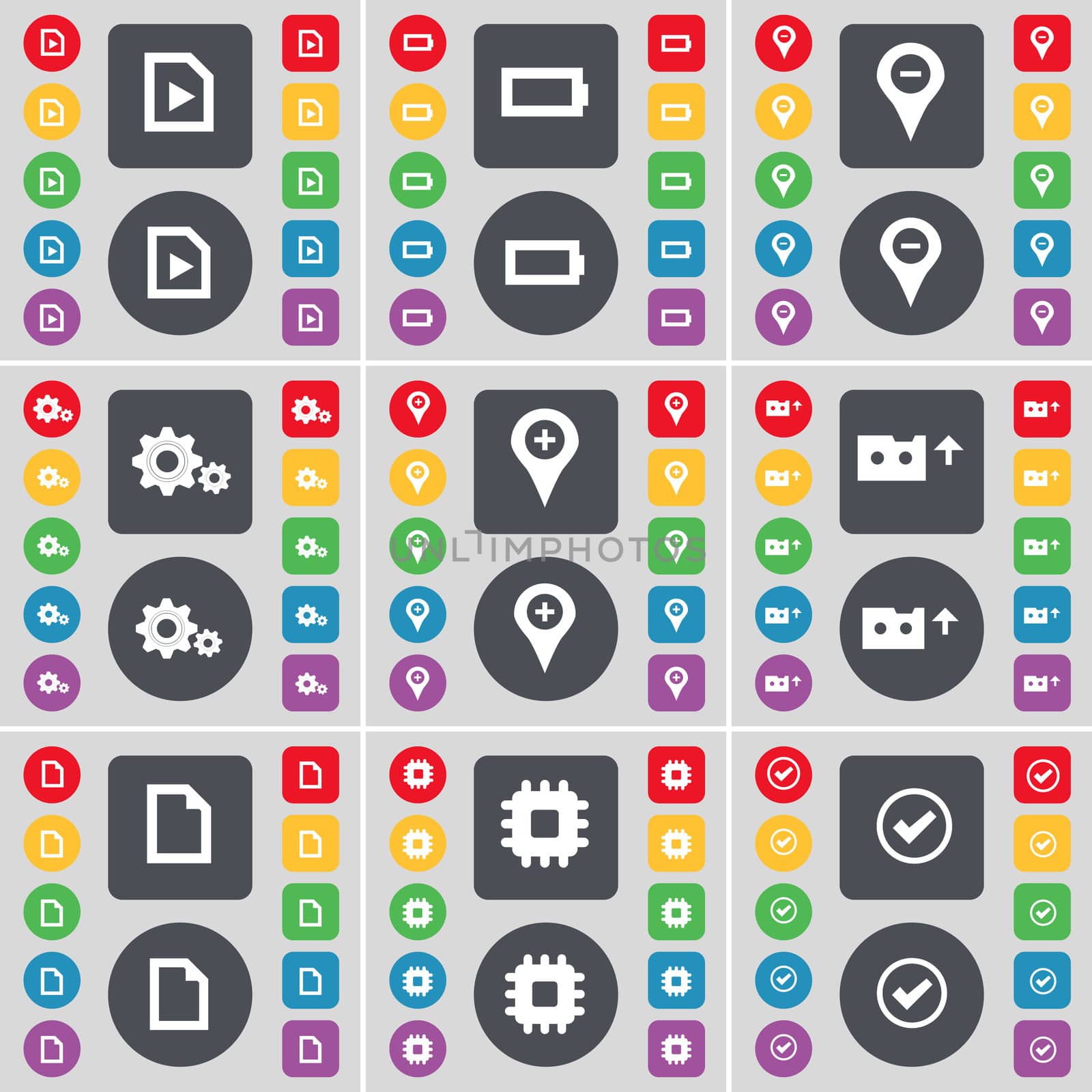 Media file, Battery, Checkpoint, Gear, Cassette, File, Processor, Tick icon symbol. A large set of flat, colored buttons for your design. illustration