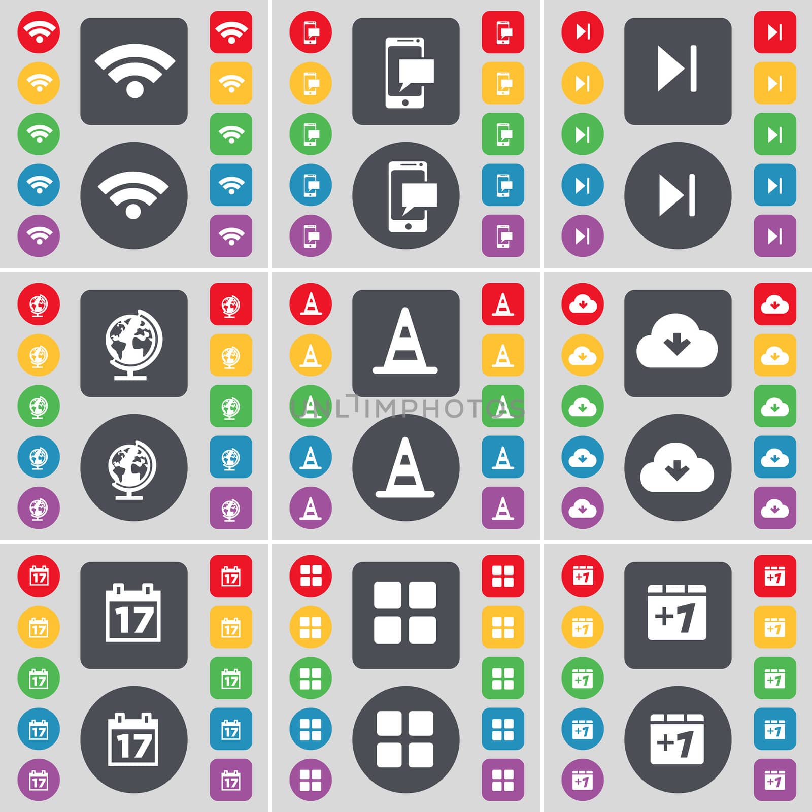 Wi-Fi, SMS, Media skip, Globe, Cone, Cloud, Calendar, Apps, Plus one icon symbol. A large set of flat, colored buttons for your design.  by serhii_lohvyniuk