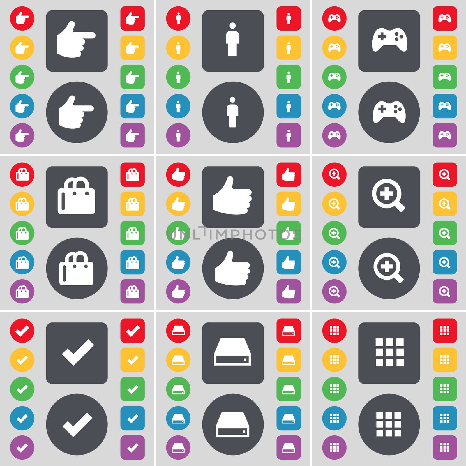 Hand, Silhouette, Gamepad, Shopping bag, Like, Magnifying glass, Tick, Hard drive, Apps icon symbol. A large set of flat, colored buttons for your design.  by serhii_lohvyniuk