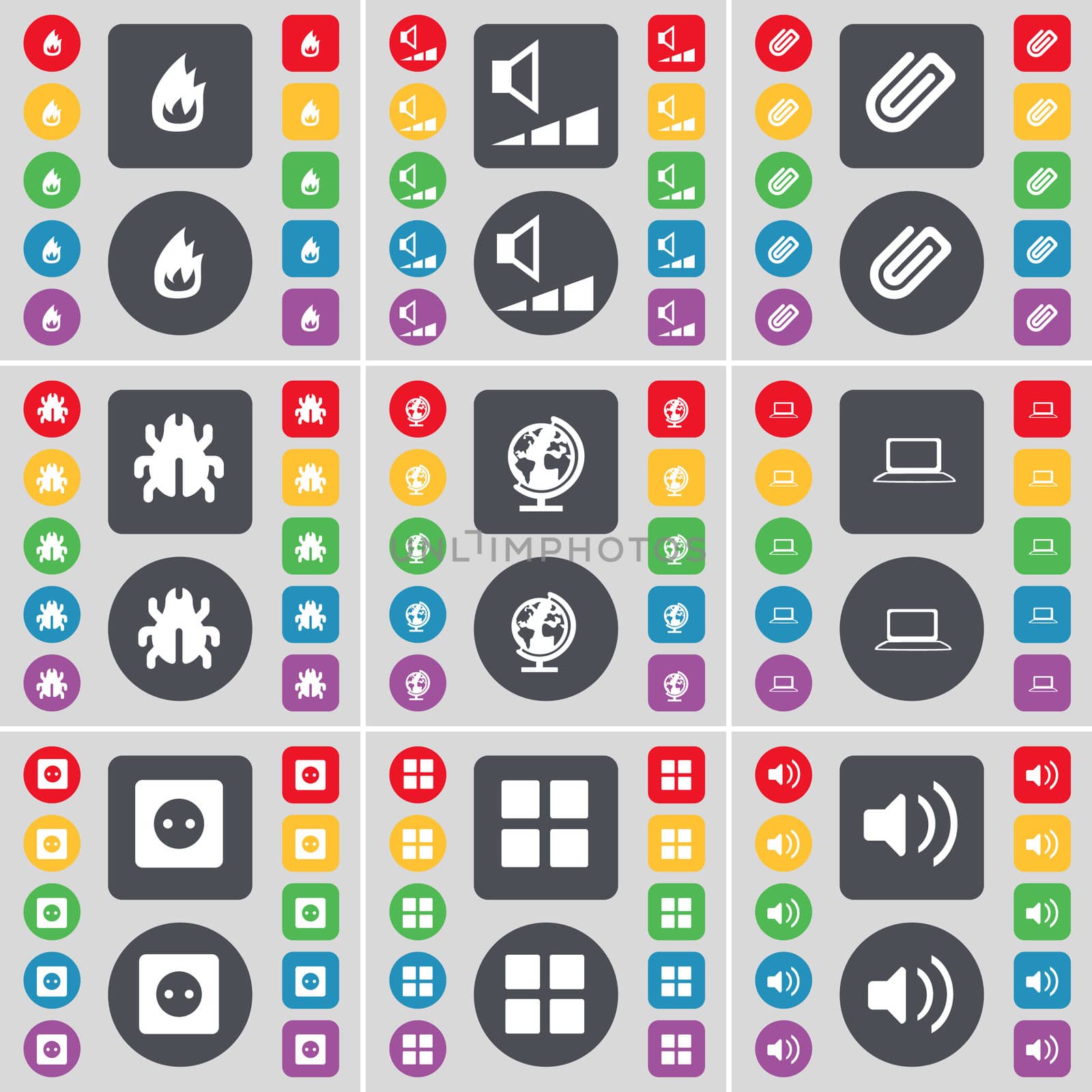 Fire, Volume, Clip, Bug, Globe, Laptop, Socket, Apps, Sound icon symbol. A large set of flat, colored buttons for your design.  by serhii_lohvyniuk