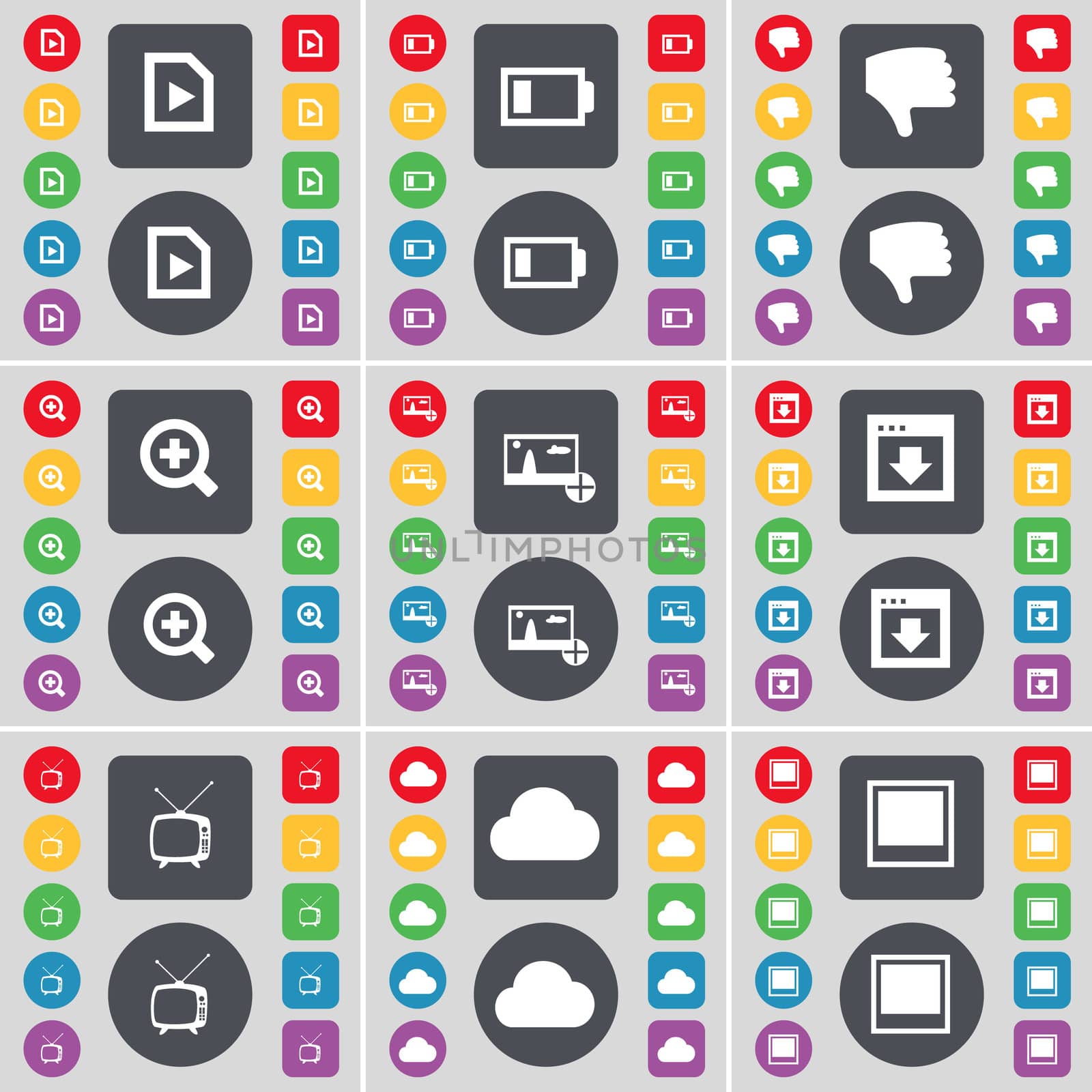 Media file, Battery, Dislike, Magnifying glass, Picture, Window, Retro TV, Cloud icon symbol. A large set of flat, colored buttons for your design.  by serhii_lohvyniuk