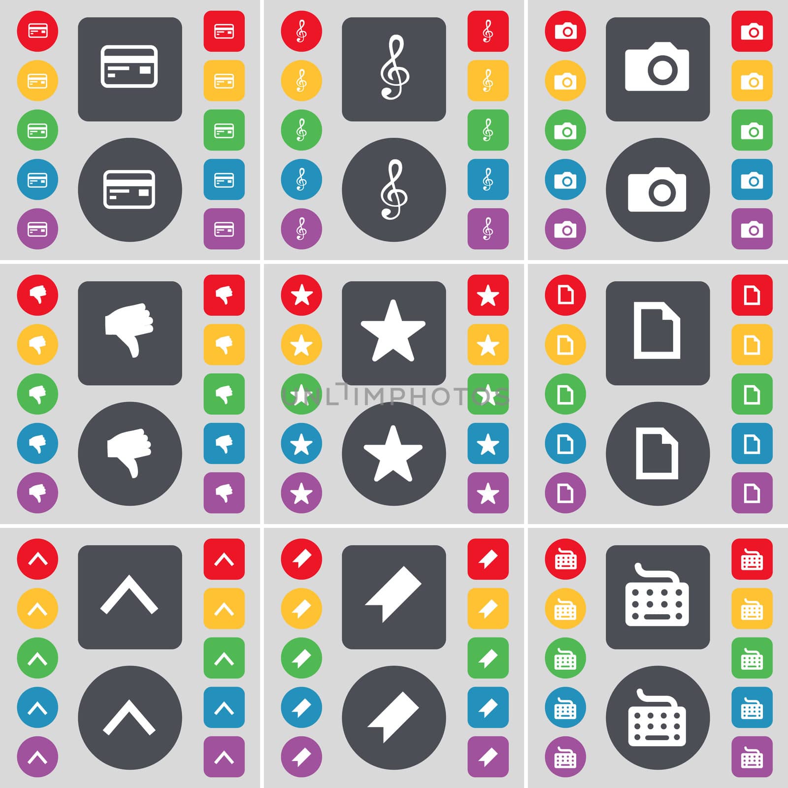 Credit card, Clef, Camera, Dislike, Star, File, Arrow up, Marker, Keyboard icon symbol. A large set of flat, colored buttons for your design. illustration