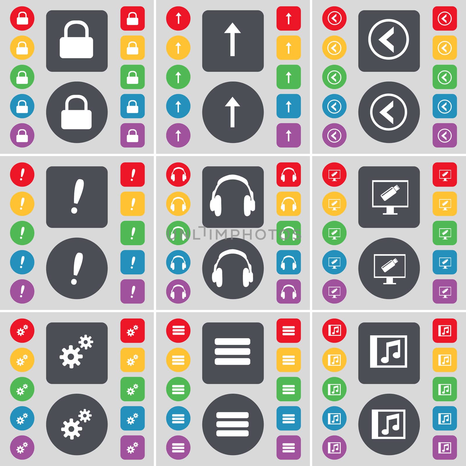 Lock, Arrow up, Arrow left, Exclamation mark, Headphones, Monitor, Gear, Apps, Music window icon symbol. A large set of flat, colored buttons for your design.  by serhii_lohvyniuk