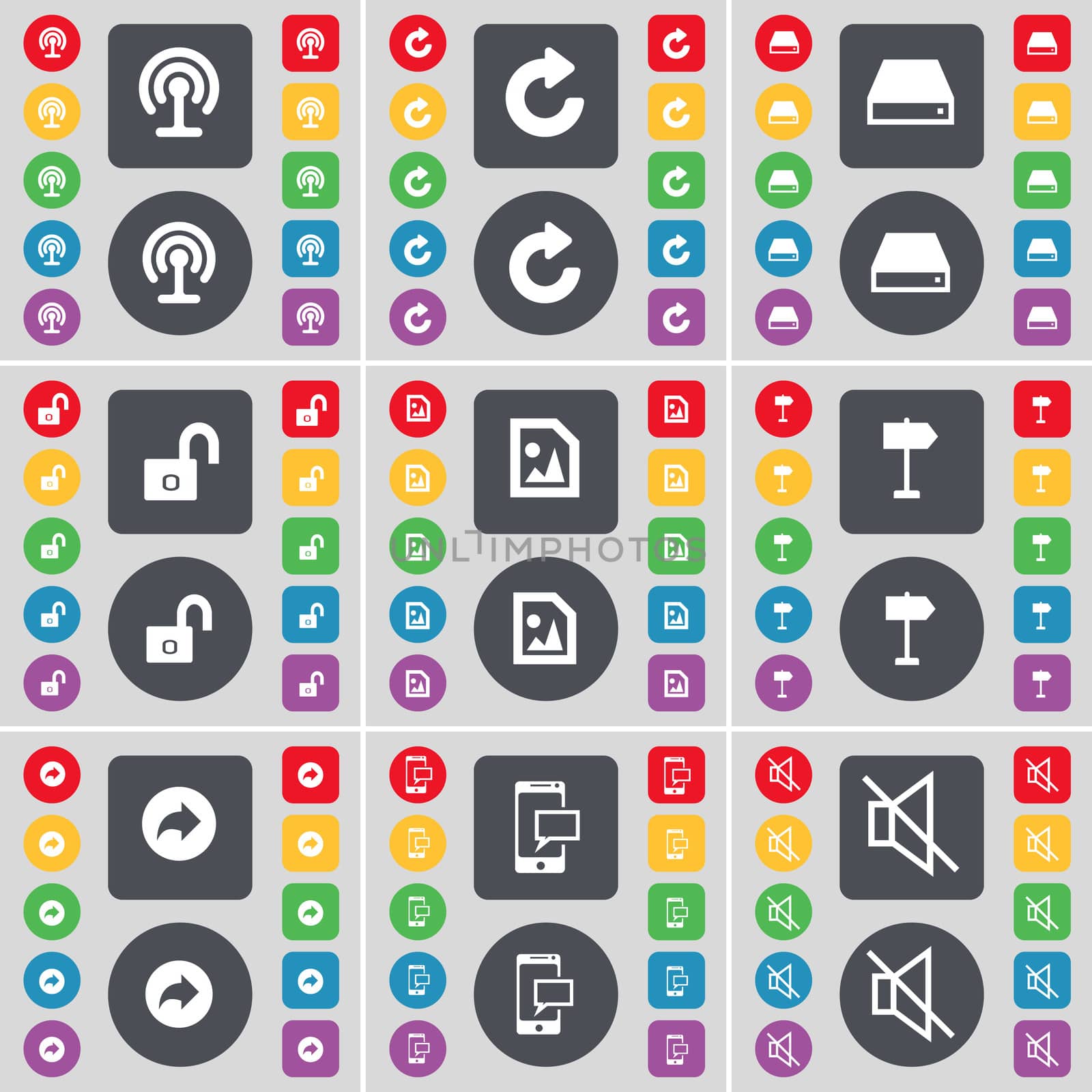 Wi-Fi, Reload, Hard drive, Lock, Media file, Signpost, Back, SMS, Mute icon symbol. A large set of flat, colored buttons for your design. illustration
